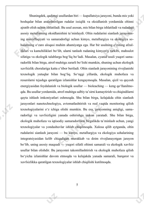 lgan. elektrotexnik usullarga kelsak, wohlwill va miller jarayonlari eng keng qo‘llanadigan metodlardir. wohlwill jarayoni elektrolytik usul bo‘lib, u yuqori tozalikdagi oltinni ishlab chiqarishga imkon beradi. bu jarayonda, elektrolitik eritma ichida, elektr toki yordamida oltin ionlari tozalanadi va metall holida qattiq shaklda to‘planadi. bu usul yordamida 99.99% tozalikdagi oltin olinadi va yuqori sifatli metall ishlab chiqariladi. miller jarayoni esa, gazli klor yordamida oltinni tozalash jarayonidir. bu usul kamroq energiya sarflaydi va ishlab chiqarish jarayonining tezligini oshiradi, lekin tozalash darajasi kamroq bo‘lishi mumkin. amaliy qo‘llanilish nuqtai nazaridan, kimyoviy va elektrotexnik usullar bir-birini to‘ldiradigan texnologiyalar sifatida qaraladi. kimyoviy usullar, odatda, ruda bo‘laklaridan oltinni eritib olish uchun ishlatiladi, elektrotexnik usullar esa, olinadigan metallni yuqori tozalikda ajratib olish va tozalash uchun qo‘llaniladi. bu usullar birgalikda, ishlab chiqarish jarayonining samaradorligini oshirish, xarajatlarni kamaytirish va ekologik muhofazani ta’minlash maqsadida qo‘llaniladi. hozirgi zamonaviy tendensiyalar orasida, kimyoviy usullarning ekologik ta’sirini kamaytirish va mustahkamroq, xavfsizroq texnologiyalarni ishlab chiqish muhim ahamiyat …