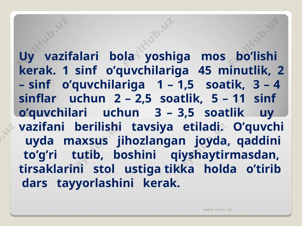 35 minutdan oshmaslikgi kerak deyishmoqda. belgilangan 45 minutlik darsning 25- 30 minutida o’quvchining aktivligi sezilarni darajada pasayib, diqqati tarkoklashadi, berilgan vazifani xato bajarish foizi ortadi. tajribali o’qituvchilar yuqoridagi dalilni hisobga olib, bolaning dikkatini o’z vaqtida boshqa mashgulotlarni bajarishga – o’qitishga, rasm solishga jalb qilishadi yoki fizkultura minutlarni o’tkazishadi. birinchi sinf o’qutuvchilari uchun o’qish va yozish davrining davomiyligi 7 – 10 minutdan oshmasligi, 4 – sinf o’qutuvchilari uchun esa bu davr 17 – 20 minut bo’lishi kerak. www.arxiv.uz www.arxiv.uz imtihon gigienasi. imtihonlar o’quvchilarning eng charchagan vaqtda boshlanadi, shuning uchun bu davrda ular kun tartibiga qat’iy amal qilishi kerak. imtihomlar oldidan esa vaqtni tejash maqsadida sinfda tashqari mashgulotlar, majlislar soni kamaytirish, kun tatibini to’g’ri tuzishga yordam berishi zarur. imtihonga tayyorgarlik ko’raytganda har 45 minutda 10 minut tanaffus qilish, mashg’ulotlar orasida fizkultura va sport bilan shug’ullanib turish lozim. www.arxiv.uz www.arxiv.uz www.arxiv.uz www.arxiv.uz adabiyotlar. sodiqov k.s. “o`quvchilar fiziologiyasi va gigiyenasi” t. o`qituvchi 1992 yil. …