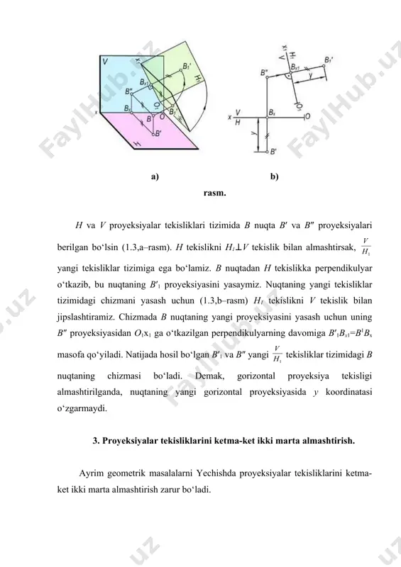 frontal proyeksiyalovchi tekislik vaziyatiga keltiramiz. buning uchun yangi o1x1 proyeksiyalar o‘qini tekislikning biror iziga masalan, qh ga perpendikulyar qilib o‘tkaziladi. natijada, tekislikning yangi qv1 izini hamda to‘g‘ri chiziqning a″1 b″1 proyeksiyasi yasaladi. hosil bo‘lgan kesmaning a″1 b″1 proyeksiyasi bilan tekislik qv1 izining kesishgan k″1 nuqtasi ab kesmaning q tekislik bilan kesishish nuqtasi bo‘ladi. bu nuqtani teskari yo‘nalishda proyeksiyalab, berilgan to‘g‘ri chiziq kesmasi bilan tekislikning kesishish nuqtasining k′ va k″ proyeksiyalari yasaladi. xuddi shu usul bilan ab(a′b′, a″b″) to‘g‘ri chiziqning ∆sde(∆s′d′e′, ∆s″d″e″), bilan kesishish nuqtasining f′ va f″ proyeksiyalarini yasaladi (1.9–rasm). bunda mazkur uchburchak tekislik proyeksiyalovchi tekislik vaziyatga keltiriladi. buning uchun chizmada ∆sde tekislikning biror bosh chizig‘iga, masalan, s1(s′1′,s″1″) frontaliga perpendikulyar qilib yangi o1x1 proyeksiyalar o‘qini o‘tkaziladi. uchburchakning s′1d′1e′1 to‘g‘ri chiziq kesmasi tarzida proyeksiyalangan proyeksiyasi va kesmaning a′1b′1 yangi proyeksiyalari yasaladi. ularning o‘zaro kesishgan f′1 nuqtasi belgilanadi, so‘ngra f nuqtaning frontal f″ va gorizontal f′ proyeksiyalarini yasaladi. rasm. rasm. rasm. 4–masala. …
