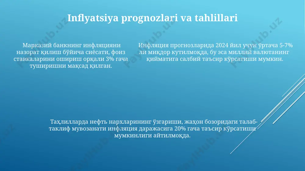 отларга кўра, инфляциянинг ҳар 1% ошиши савдо балансини 0.5% гача ёмонлаштиради. valyuta spekülasyonlari va inflyatsiya valyuta spekülasyonlari yuqori inflyatsiya sharoitida, masalan, yillik 15% dan yuqori bo'lganda, foyda olish imkoniyatini sezilarli darajada oshiradi, bu esa valyuta bozorida beqarorlikni kuchaytiradi. inflyatsiya kuchaygan davrda, ayirboshlash kursi 10% ga o'zgarganda, spekülatsiya daromadlari sezilarli darajada o'sishi mumkin, ammo shu bilan birga xatarlar ham ortadi. agar inflyatsiya darajasi 5% dan oshsa, valyuta bozorida o'rtacha 20% dan ortiq bo'lgan spekülyativ bitimlar sonining o'sishi kuzatiladi, bu esa bozorning barqarorligiga salbiy ta'sir ko'rsatadi. inflyatsiya va yalpi ichki mahsulot юқори инфляция шароитида, аҳолининг реал даромадлари пасайиши кузатилиб, бу яимнинг истеъмол сегментига салбий таъсир кўрсатади, хусусан, 10% инфляцияда, аҳолининг харид қобилияти пасаяди. яимнинг реал ўсиши инфляцияни ҳисобга олган ҳолда ҳисобланиб, масалан, номинал яим 10% ўсса, инфляция 5% бўлса, реал яим ўсиши 5% ни ташкил этади. инфляциянинг 5% дан юқори бўлиши яимнинг ўсиш суръатларига салбий таъсир кўрсатиши мумкин, инвестицияларни камайтириб, иқтисодий ўсишни …