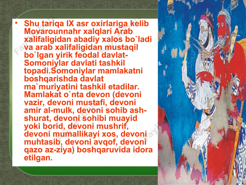 a qiladi. boshqa manba'larda bu davrdagi tasviriy va musvvurlik san'ati, xususan portret chizish xaqida ma'lumotlar keltiradi . arxeologik qazilmalar va qo'lyozma manba'lardan ma'lum bo'lishicha o'sha davrda musiqa va musiqashunoslik xam keng rivoj topgan va u matematika ilmining tarkibiy qismi sanalgan. mazkur davrning buyuk olimi abu nasr farobiy musiqaning nazariy asoslari, kuylar, asboblar, musiqa madaniyatining mezonlari, atamalari taxliliga bag'ishlangan «katta musiqa» kitobining muallifidir. («kitob al musiqi al kabir»). o'rta asr musulmon sharqi musiqa nazariyasiga bag'ishlangan ushbu kitob 2 qism, 3 kitobdan iborat bo'lgan. farobiy «katta musiqa» dan tashqari «musiqa xaqida so'z», «ritmlar tartibi xaqida kitob», «ritmga qo'shimcha qilinadigan siljishlar xaqida» asarlarining xam muallifidir. islom butun madaniyatga, tilga, udum-an'analarga ma'lum darajada o'z ta'sirini o'tkazgan bo'lsada, uning moxiyati o'zgarmadi. bu xalqimizga xos ezgulik, mexr-shafqat, insonparvarlik, xayr-muruvvat, oqkungillik, bag'rikenglik, ilmga tashnalik, o'zga xalqlarga ishonch extirom fazilatlaridir. yunon, xind, xitoy madaniyatini juda yaxshi bilgan markaziy osiyoning ilm axligina o'zga xalqlarni boshqalar madaniyati bilan yaqindan tanishtirishi …