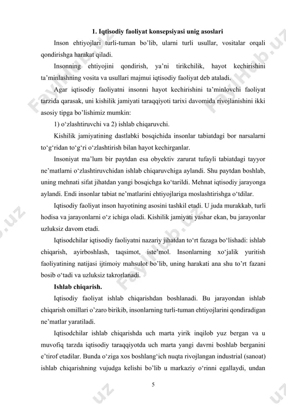 oli 7 marta ko‘paydi (1650-yili planetamizda 650 mln. kishi yashagan). dunyo aholisi ayniqsa keyingi 50 yil ichida tez sur’atlar bilan ko‘paydi. buning natijasida ehtiyojlarni qondirish bilan cheklangan ishlab chiqarish imkoniyatlari o’rtasida qarama-qarshilik kuchayib bordi. bu qarama-qarshilik 50- yillarda ro’y bergan fantexnika inqilobi natijasida echilmoqda. u xo’jalik rivojlanishi uchun kelajakda nihoyatda katta imkoniyatlar yaratadi. postindustrial bosqich quyidagi xususiyatlari bilan ajralib turadi: • iqtisodiyotning muhim sferasi — xizmat ko’rsatish nihoyatda tez rivojlanadi. unda ishlovchilarning 50-70% band bo’ladi; • fan bevosita ishlab chiqaruvchi kuchga aylanadi. fan yutuqlari natijasida ishlab chiqarishda, tabiatda mavjud bo’lmagan mahsulotlar yaratiladi; • xo’jalikning barcha tarmoqlarida va maishiy maqsadlarda informatika va hozirgi zamon hisoblash texnikasi yutuqlaridan keng foydalaniladi. jismoniy va aqliy mehnatni ham avtomatlashtirish kuchayadi; • korxonalarda ilmiy xodimlar va yuqori malakali mutaxassislarning roli tezlik bilan oshib boradi; • barcha turdagi resurslarni iqtisod qiladigan, mahsulotni yuqori sifatli bo’lishini ta’minlaydigan yuqori texnologiyaga o’tish amalga oshadi; • barcha kishilarning eng zarur ehtiyojlarini …