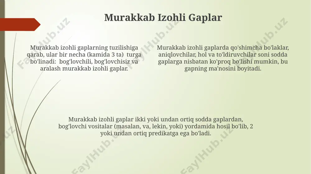i undan ortiq sodda gaplar bog'lovchi so'zlar yordamida emas, balki vergul, tire yoki nuqta qo'yish orqali bog'lanadi, jumlada 2-3 predikat bo'lishi mumkin. qisqartirilgan murakkab gaplarning asosiy xususiyati – ular tarkibidagi sodda gaplar orasida bog'lovchi so'zlarning yo'qligi va ularning intonatsiya yordamida bog'lanishi, shu bilan birga 1-2 tushuncha ifodalanadi. murakkab gaplarning vazifalari murakkab gaplarning vazifasi – bir nechta, masalan, 4-5 ta voqea yoki hodisani, ular orasidagi sabab-oqibat munosabatlarini, bir-biriga bogʻliqliklarini ifodalash orqali, matnning ifoda vositalarini kengaytirishdan iborat. murakkab gaplar fikrni aniqroq va toʻliqroq ifodalashga, 2 yoki undan ortiq sodda gaplardagi maʼlumotlarni bir butun qilib bogʻlashga xizmat qiladi, bu esa matnning mazmunini boyitadi. murakkab gaplar, jumladan, bogʻlovchi vositalar (va, lekin, yoki, agar, chunki, shuning uchun va hokazo) yordamida 3 ta yoki undan ortiq sodda gaplarni oʻzaro mantiqiy bogʻlab, murakkab sintaksis tuzilmalarini yaratish imkonini beradi. murakkab gaplar va nutq madaniyati nutq madaniyatida murakkab gaplarning turli xil tuzilmalarini (bogʻlovchi, izohlovchi, qoʻshimcha va hokazo) oʻzlashtirish va …