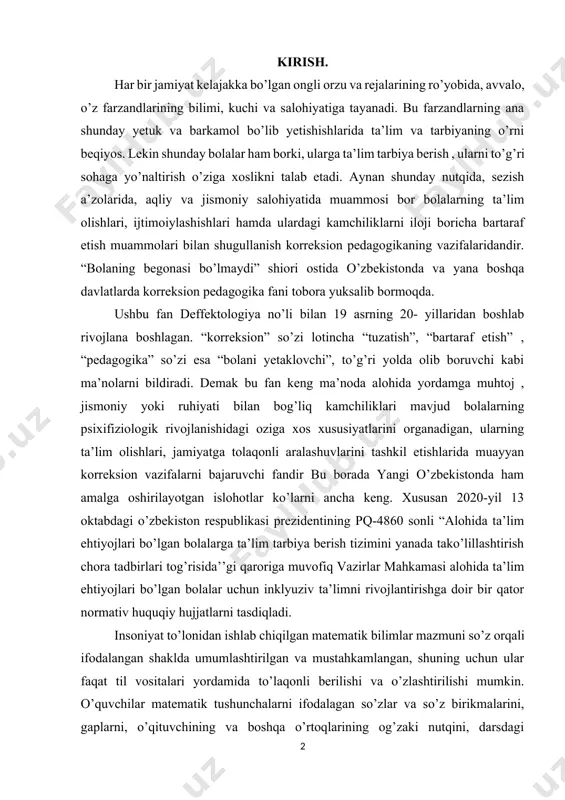 arni bajaruvchi fandir bu borada yangi o’zbekistonda ham amalga oshirilayotgan islohotlar ko’larni ancha keng. xususan 2020-yil 13 oktabdagi o’zbekiston respublikasi prezidentining pq-4860 sonli “alohida ta’lim ehtiyojlari bo’lgan bolalarga ta’lim tarbiya berish tizimini yanada tako’lillashtirish chora tadbirlari tog’risida’’gi qaroriga muvofiq vazirlar mahkamasi alohida ta’lim ehtiyojlari bo’lgan bolalar uchun inklyuziv ta’limni rivojlantirishga doir bir qator normativ huquqiy hujjatlarni tasdiqladi. insoniyat to’lonidan ishlab chiqilgan matematik bilimlar mazmuni so’z orqali ifodalangan shaklda umumlashtirilgan va mustahkamlangan, shuning uchun ular faqat til vositalari yordamida to’laqonli berilishi va o’zlashtirilishi mumkin. o’quvchilar matematik tushunchalarni ifodalagan so’zlar va so’z birikmalarini, gaplarni, o’qituvchining va boshqa o’rtoqlarining og’zaki nutqini, darsdagi matnlarni, masala va misol shartlari ifodalangan ta’riflarni va h.k.larni tushunishlari, darslikdan mustaqil foydalana olishlari kerak. buning uchun matematika darslarida o’quvchilarning og’zaki nutqi ustida muntazam olib boriladigan metodik ish taqozo etiladi. matematika darslarida og’zaki nutq vositalari turli xildagi ko’rgazmali material bilan birgalikda qo’llanishi lozim. bu material, bir to’londan, berilgan masalalarning og’zaki sharhiga …