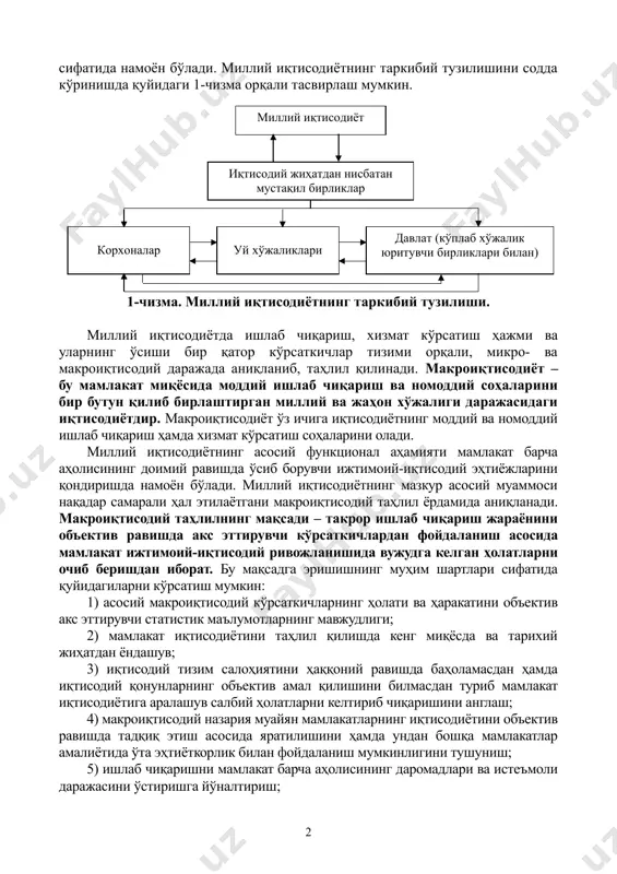 tda mavjud bo'lgan ishlab chiqarish resurslari; ularning ijtimoiy mehnat taqsimoti asosida ajralib chiqqan iqtisodiy sub'ektlar o'rtasidagi taqsimot hajmi; mazkur sub'ektlar ishlab chiqarish hajmlari, milliy mahsulotni ishlab chiqarish, taqsimlash, ayirboshlash va iste'mol qilish jarayonlarida shakllanuvchi tarkibiy qismlari o'rtasidagi munosabat sifatida namoyon bo'ladi. milliy iqtisodiyotning tarkibiy tuzilishini sodda ko'rinishda quyidagi 1-chizma orqali tasvirlash mumkin. 1-chizma. milliy iqtisodiyotning tarkibiy tuzilishi. milliy iqtisodiyotda ishlab chiqarish, xizmat ko'rsatish hajmi va ularning o'sishi bir qator ko'rsatkichlar tizimi orqali, mikro- va makroiqtisodiy darajada aniqlanib, tahlil qilinadi. makroiqtisodiyot – bu mamlakat miqyosida moddiy ishlab chiqarish va nomoddiy sohalarini bir butun qilib birlashtirgan milliy va jahon xo'jaligi darajasidagi iqtisodiyotdir. makroiqtisodiyot o'z ichiga iqtisodiyotning moddiy va nomoddiy ishlab chiqarish hamda xizmat ko'rsatish sohalarini oladi. milliy iqtisodiyotning asosiy funktsional ahamiyati mamlakat barcha aholisining doimiy ravishda o'sib boruvchi ijtimoiy-iqtisodiy ehtiyojlarini qondirishda namoyon bo'ladi. milliy iqtisodiyotning mazkur asosiy muammosi naqadar samarali hal etilayotgani makroiqtisodiy tahlil yordamida aniqlanadi. makroiqtisodiy tahlilning maqsadi – takror ishlab …