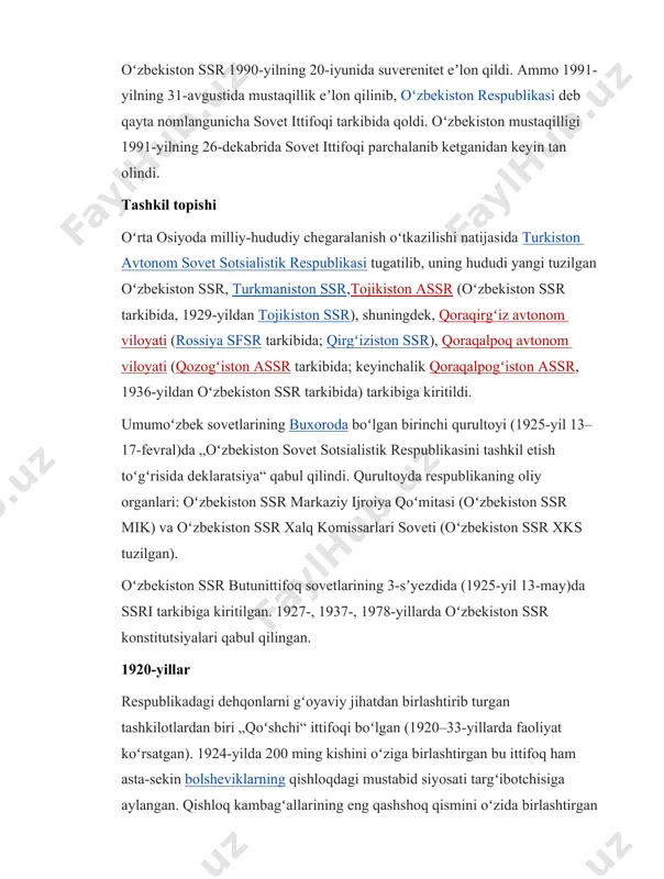 ostida qoldi. davlat va jamiyat arboblari, xoʻjalik rahbarlari va oddiy kishilar bilan bir qatorda milliy ziyolilar ommaviy ravishda qatagʻon qilindi. xx asr oʻzbek adabiyotining arboblari; fitrat, choʻlpon va abdulla qodiriy va boshqalar otib tashlandi.1937–39-yillarda toʻqib chiqarilgan soxta ayblovlar boʻyicha oʻzbekistonda 41 mingdan ortiq kishi hibsga olinib, ulardan 37 mingdan ortigʻi jazolandi, 6 920 kishi esa otib oʻldirishga hukm qilindi. umuman olganda, 1937–53-yillarda oʻzbekiston ssr ichki ishlar xalq komissarligi (nkvd) troykasi (uchligi) tomonidan 100 mingdan ortiq kishi qatagʻon qilindi, ulardan 15 ming nafari otib tashlandi. 1936–40-yillarda faqat davlat va jamoat arboblari, yozuvchilar, shoirlar va olimlardan 5 758 kishi qamoqqa olinib, ulardan 4 811 kishi otib oʻldirishga hukm qilingan edi. 1940-yillar ikkinchi jahon urushi yillari] ikkinchi jahon urushi yillarida oʻzbekiston ssrdan 1,5 million kishi frontga ketgan, ulardan 450 mingdan ortiq kishi jang maydonlarida halok boʻlgan. fashistlar bosib olgan hududlardan oʻzbekistonga 1 milliondan ortiq kishi, jumladan, 200 ming bola evakuatsiya qilindi. 1943–44-yillarda qalmoqlar, …