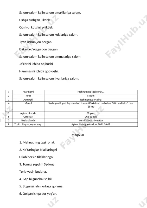 odamlarni dilini doimiy og'ritgan,yaxshiligini minnat qilib kelguvchilardan deya javob qaytaribdi 1 asar nomi podshox va faqir 2 janri rivoyat 3 aytuvchi ergashev g’ofur 4 manzil sirdaryo viloyati sayxunobod tumani g’alaba qishlog’i usmon yusupov ko’chasi 7-uy 5 aytuvchi yoshi 62 6 ustozlari bobolari,ota-onasidan 7 yozib oluvchi isomiddinova muattar 8 yozib olingay joy va vaqti aytuvchi xonadonida 2021.06.10 podshox va faqir 1 asar nomi haqiqat yo’lidagi yaxshilik, 2 janri rivoyat 3 aytuvchi ergashev g’ofur 4 manzil sirdaryo viloyati sayxunobod tumani g’alaba qishlog’i usmon yusupov ko’chasi 7-uy 5 aytuvchi yoshi 62 6 ustozlari bobolari,ota-onasidan 7 yozib oluvchi isomiddinova muattar 8 yozib olingay joy va vaqti aytuvchi xonadonida 2021.06.10 bir podshox ikki vaziri bilan ovga chiqibdi.vazirlari bilan cho'l,dashtlardan o'tib yurtiga qaytayotgan vaqti juda suv ichgisi kelibdi. va bir o'tov yonida to'xtabdi.u yerda bir faqir,keksa chol chiqibdi. undan bir kosa suv so'rashibdi. chol u kishining podshox ekanligini bilmabdi. podshix keksaga nega g'arib yashashligini so'rabdi."buncha g'arib …