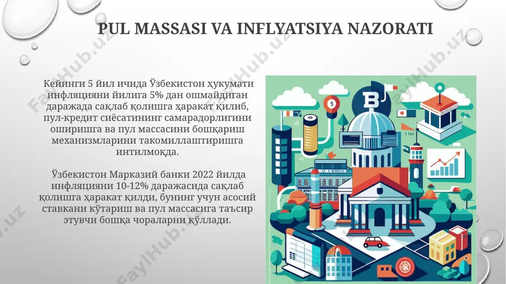 ги тижорат банкларининг 2023 йилдаги молиявий ҳисоботларига кўра, валюта курсининг ўзгариши билан боғлиқ операцион хавфларни бошқариш учун ҳеджинг стратегиялари кенг қўлланилмоқда. қорақалпоғистон республикасида жойлашган банклар, 5% дан кам бўлмаган капитал етишмовчилиги хавфини камайтириш учун, мустақил аудиторлик компанияларининг хизматларидан фойдаланиб, регуляр равишда стресс-тестлар ўтказишади. kelajakdagi pul-kredit siyosati trendlari yevropa ittifoqi mamlakatlari, shuningdek, yaponiya kabi davlatlar digital valyutalarni joriy etish bo'yicha 2024 yildan boshlab faol ishlarni boshlaydilar, bu esa to'lov tizimlarida inqilob qilishi mumkin. markaziy banklar 2025 yilga borib, inflyatsiyani 2% atrofida ushlab turish uchun foiz stavkalarini 3-5% oralig'ida saqlashga harakat qilishadi, bu esa jahon iqtisodiyoti o'sish sur'atlariga bog'liq. to'lov tizimlari va ularning ahamiyati jahon banki ma'lumotlariga ko'ra, o'zbekistonda mobil to'lovlarning ulushi 2023 yilda 35% ga yetdi, bu esa rivojlangan mamlakatlar darajasiga yaqinlashishini ko'rsatadi. to'lov tizimlari, masalan, uzcard va humo, o'zbekistondagi 20 milliondan ortiq aholi uchun kunlik to'lovlarni amalga oshirishda muhim rol o'ynaydi, bu esa iqtisodiyotning samaradorligini oshiradi. kommersiya banklari faoliyati 2022 …