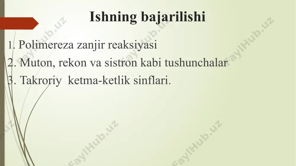 ddalar (ularni reaksiyada qo‘llaniluvchi maxsus buferlarga joylashtirishadi) joylanadi. matritsaga komplementar bo‘lgan dnkni sintezlash uchun praymerlardan biri u bilan vodorod bog‘ini xosil qilishi kerak (bu otjig deb nomlanadi). lekin, matritsa bunday bog‘ni ikkinchi zanjir bilan xosil qilib olishi mumkin. demak, dastlab dnkni qizdirib olish kerak -bunda vodorod bog‘lari uziladi. bu ish oddiy qizdirish orqali amalga oshiriladi (t 95 °c gacha) -bosqich denaturatsiya deb nomlanadi. ammo, endi yuqori xarorat sabab praymerlar matritsaga bog‘lana olmaydi. xarorat 50-65 °c ga qadar pasaytirilganda praymerlar matritsa bilan bog‘lanadi, shundan so‘ng xarorat bir oz ko‘tariladi (polimerazaning optimal ishlash xaroratiga qadar, o‘rtacha 72 °c). shunda polimeraza matritsaga komplementar bo‘lgan dnk zanjirini sintezlay boshlaydi -buni elongatsiya deb atashadi (8-rasm). mana shunday bir bosqichdan so‘ng kerakli fragmentning nusxasi ikki karra ortadi. ammo, buni yana bir bor qaytarishga xech narsa qarshilik qilmaydi. qaytarish bir emas bir necha o‘n marotaba bajariladi. xar bir qaytarilishdan so‘ng mavjud dnk fragmentining miqdori ikki marotabaga ortib …