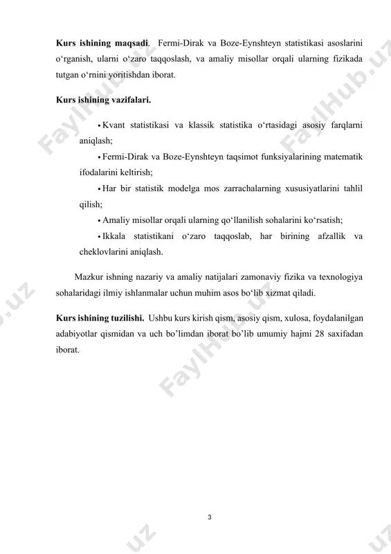 -eynshteyn statistikasi bozonlar uchun tatbiq etiladi. bozonlar — butun spin (masalan, 0, 1, 2, ...) ga ega bo‘lgan zarrachalardir. masalan: fotonlar, gluonlar, xiggs bozonlari va he-4 atomlari bozonlarga misoldir. bu zarrachalar pauli prinsipiga bo‘ysunmaydi, ya'ni bir kvant holatida cheksiz ko‘p bozonlar bo‘lishi mumkin. boze-eynshteyn statistikasi quyidagi xususiyatlarga ega: · bir xil kvant holatiga ko‘plab zarrachalar joylashishi mumkin. · juda past haroratlarda boze-eynshteyn kondensatsiyasi deb ataluvchi hodisa yuz beradi — ya’ni ko‘plab bozonlar bir xil kvant holatiga o‘tadi. · yorug‘lik, radioaktiv nurlanish, va kvant optikasi sohalarida qo‘llaniladi. · energiya taqsimoti formulasi: fermi-dirak statistikasi (f-d statistikasi) – pauli istisno qilish printsipiga boʻysunadigan koʻplab oʻzaro taʼsir qilmaydigan, bir xil zarrachalardan tashkil topgan tizim fizikasiga taalluqli kvant statistikasining bir turi. natijada, energiya holatlari boʻyicha zarralarning fermi-dirak taqsimoti. u enriko fermi va pol dirak sharafiga nomlangan boʻlib, ularning har biri 1926-yilda mustaqil ravishda tarqatishni olgan (garchi fermi uni dirakdan oldin olgan boʻlsa ham).[1][2] fermi-dirak statistikasi …