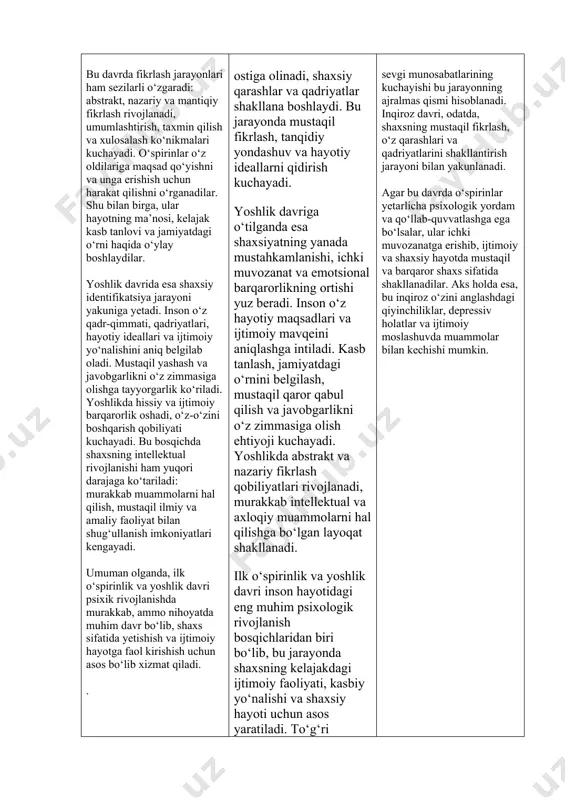 xsning intellektual rivojlanishi ham yuqori darajaga ko‘tariladi: murakkab muammolarni hal qilish, mustaqil ilmiy va amaliy faoliyat bilan shug‘ullanish imkoniyatlari kengayadi. umuman olganda, ilk o‘spirinlik va yoshlik davri psixik rivojlanishda murakkab, ammo nihoyatda muhim davr bo‘lib, shaxs sifatida yetishish va ijtimoiy hayotga faol kirishish uchun asos bo‘lib xizmat qiladi. . ilk o‘spirinlik va yoshlik davrida psixik rivojlanish murakkab va dinamik jarayon bo‘lib, shaxsning shakllanishi va ijtimoiy moslashuvi uchun muhim poydevor hisoblanadi. ushbu davrda bolalarda tezkor jismoniy o‘zgarishlar kuzatiladi, bu esa psixik faoliyatga ham kuchli ta’sir ko‘rsatadi. ilk o‘spirinlikda o‘z-o‘zini anglash kuchayadi, shaxsiy "men" konsepsiyasi shakllana boshlaydi, va bola o‘zini mustaqil individual sifatida idrok etishga intiladi. o‘spirinlik yillarida emotsional beqarorlik, kayfiyatning tez-tez o‘zgarishi, hissiy reaksiyalarning kuchayishi ko‘zga tashlanadi. tengdoshlar orasida o‘z o‘rnini topishga, guruh ichida qabul qilinishga bo‘lgan ehtiyoj kuchayadi. ota-ona va o‘qituvchilarning avtoriteti qisman so‘roq ostiga olinadi, shaxsiy qarashlar va qadriyatlar shakllana boshlaydi. bu jarayonda mustaqil fikrlash, tanqidiy yondashuv va hayotiy …