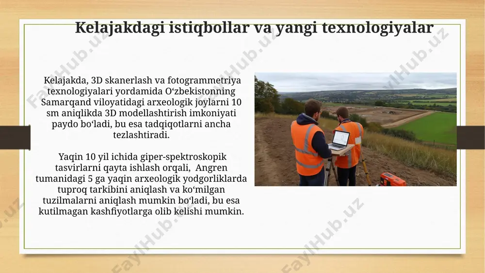 yordam berdi. fotosur'atlarni qayta ishlash германиянинг бамберг университетида ўтказилган тадқиқотларда 2000 дан ортиқ фотосуратларни қайта ишлаш натижасида 1 см аниқликдаги 3d модел яратилиб, рим даврига оид шаҳар деворларининг ҳажмини аниқ ҳисоблаш имконини берди. фотосуратларни қайта ишлаш жараёнида 1000 дан ортиқ нуқталарни автоматик равишда аниқлаш ва 3d моделини яратиш имкониятини берувчи фотограмметрия дастурлари, масалан, agisoft metashape, жанубий америкадаги археологик объектларни тадқиқ қилишда самарали қўлланилмоқда. e'tiboringiz uchun rahmat @taqdimot_robot image7.jpg image8.jpg image9.jpg image10.jpg image11.jpg image12.jpg image13.jpg image14.jpg image15.jpg image16.jpg image17.jpg image18.jpg image19.jpg image20.jpg image21.jpg image22.jpg image23.jpg image3.png image4.png