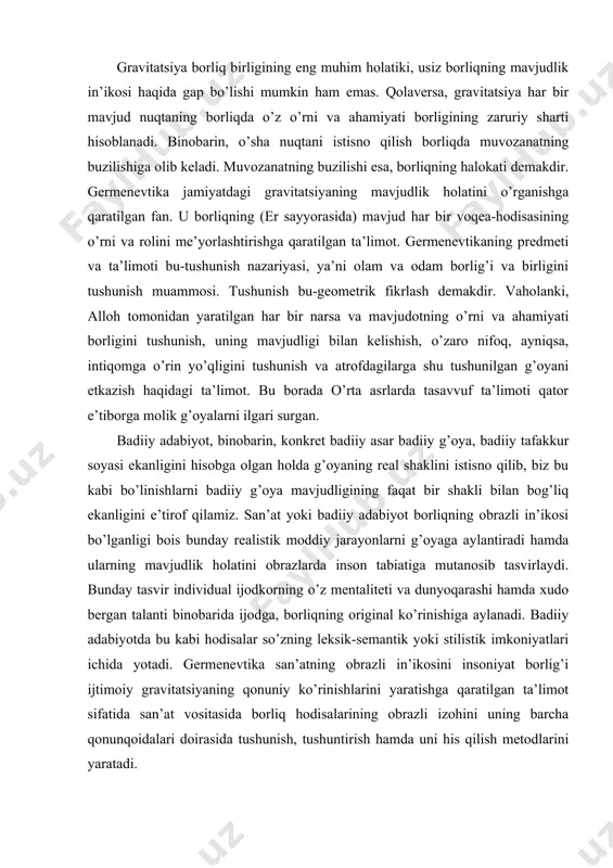 ndividualligining asosida yotadi. borliqning izohi behad, biroq bu hol undagi tinimsiz originallikning eng odmi holati xolos. olam hodisalarining ichida abadiylikka faqat g’oyagina dahldor. har qanday materiallik efemerlikka mahkum. har qanday efemer hodisalar o’rtasida qandaydir umumiy bog’lanish - deduksiya kuzatiladi. deduksiya bizni sillogizmga etaklaydi. inson tafakkurining eng zaif joyi uning mana shu sillogizmlar – inkorni inkor yoki sabab-natijalar domida qolganligidadir. shu hol materializm, shu hol realizm. ijodning individualligi ko’p hollarda aynan shu qobiqni yorib chiqishga intilgan daholar faoliyatining to’lqinidir. soya moddiy holat, to’lqin esa, ichki tuyg’u, shaklsiz farosatga bo’ysunmas yolqin. yolqin kategoriyasi tabiat va jamiyat qonunlarini tushunish borasida inson mentalitetining mavjudlik holati. inson nimalar bilandir tarix va kelajakni hozirgi holatga bog’lay olishi, ulardagi voqea-hodisalarni yodda saqlashi, tasavvur qilish va qayta ishlashi, eng muhimi ulardan o’ziga xos xulosa, tushunchalar yarata olishi lozim. unga bunday imkoniyatni taqdim qila oladigan hodisa yolqin bo’lib, insoniyat uning vositasida borliq va jamiyat mavjudlik kategoriyalari ustidan o’z tushunchalarini …