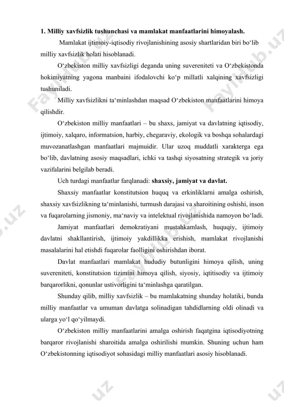 isodiyotning barqaror rivojlanishi sharoitida amalga oshirilishi mumkin. shuning uchun ham o‘zbekistonning iqtisodiyot sohasidagi milliy manfaatlari asosiy hisoblanadi. 2. mamlakat iqtisodiy xavfsizligiga solinadigan tahdidlar. shuni ta‘kidlash joizki, 90-yillar boshidan mamlakatimiz milliy xavfsizligiga tahdid soladigan ichki va tashqi xavflarning keng ko‘lami shakllandi, ulardan iqtisodiy xavfsizlikka xavor soluvchi asosiy tahdidlarni ko‘rib chiqamiz: a) iqtisodiyotning ko‘pgina tarmoqlari va ijtimoiy sohada ishlab chiqarish, xo‘jalik faoliyati ko‘lamlarining qisqarishi; b) тuzilmavaiy nomutanosibliklarning kuchayishi; c) davlat ichki va tashqi qarzlarining o‘sishi; d) ilmiy-texnik va texnologik salohiyatning qisqarishi; e) jamiyat ijtimoiy tabaqalashuvining chuqurlashishi; f) mamlakat mahsulot mustaqilligi darajasining pasayishi; g) mintaqalar ijtimoiy-iqtisodiy rivojlanishidagi nomutanosiblikning kuchayishi; h) iqtisodiyotning barcha bosqichlarida boshqarilishning susayishi; i) aholi depopulyatsiyasi; j) iqtisodiyotning kriminallashuvi. sanab o‘tilgan tahdidlar orasida olib kelishi mumkin bo‘lgan oqibatlari jihatidan eng muhimi bo‘lib 10 yil davom etayotgan ishlab chiqarishning qisqarishi hisoblanadi. qisqarish ko‘lamlari 1990 yil darajasiga nisbatan o‘rtacha 50% ni tashkil etdi. bunday iqtisodiy tahdidning real xavfi iqtisodiyotning ko‘pgina sohalaridagi deindustrlashishdan iborat. …
