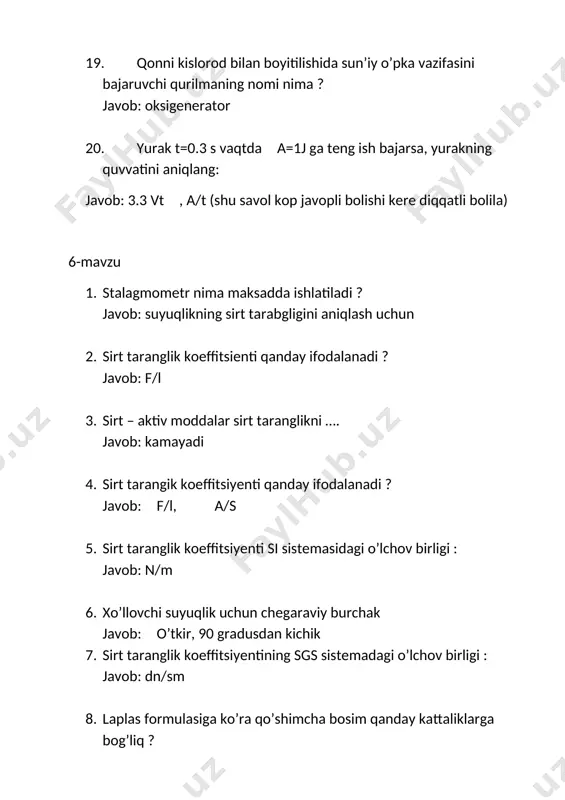 usuki hisoblanadi javob:gigrometr 2. cv nima ? javob: o’zgarmas hajmdagi issiqlik sig’imi 3. gomeostaz oliy rivojlangan jonzotlar organizmining statsionar holati bo’lib u : javob: fizikaviy termoregulyatsiya bilan ushlab turiladi 4. berilganlarning qaysi biri havo namligini aniqlash usuli hisoblanadi. javob: psixrometr 5. adibatik jarayon deb, shunday jarayonga aytiladiki bunda sistema : javob: tashqi muhit bilan issiqlik almashmaydi 6. berilganlarning qaysi biri namlikni o’zgarish grafigini chizib beradi ? javob: gigrograf 7. adiabatic jarayon uchun muhim puasson tenglamasi : javob: pv¥=const 8. qanday temperaturada havoning maksimal namligi ayni sharoitda absolyut namlikka son jihatdan teng bo’lib qoladi ? javob: shudring nuqtasida 9. absolyut namlikni birligini ko’rsating javob: mm.sim.ust 10. havo namligini ko’rsatuvchi parametrlarni belgilang javob: absolyut va nisbiy namlik 11. erkin energiya – bu ichki energiyaning shunday qismiki, uni : javob: ishga aylantirib bo’ladi 12. puasson tenglamasi (pv¥=const) dagi gamma nima ? javob: adiabata ko’rsatkichi (cp/cv) 13. termodinamikaning ikkinchi asosi- yopiq sistemada entropiyaning umumiy …
