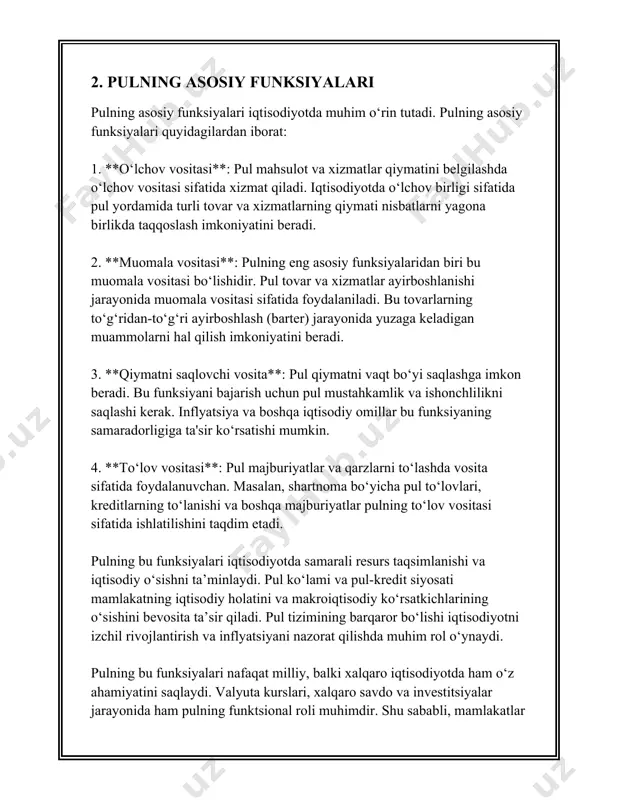 r kiradi: - **bank kartalari:** kredit va debet kartalari orqali yuritiladi. ular naqd pulga alternativa bo'lib, savdo va xizmat ko'rsatishlarning ko'pchiligi uchun qulaylik va xavfsizlikni ta'minlaydi. - **to'lov tizimlari:** paypal, apple pay, google wallet kabi raqamli to'lov tizimlari ham elektron pul vositalariga kiradi. bu xizmatlar orqali odamlar global miqyosda to'lovlarni amalga oshirishlari mumkin. elektron pul turli bank hisob raqamlari, elektron hamyonlar orqali saqlangan va o‘tkazilgan mablag’larni ifodalaydi. u an’anaviy naqd pulga nisbatan qulayroq va tezkor hisoblanadi, ayniqsa xalqaro to‘lovlarda. 3. **virtual valyutalar:** virtual valyutalar to'liq raqamli ko'rinishga ega bo'lib, markazlashmagan va odatda, biror iqtisodiy tizim yoki davlat tomonidan nazorat qilinmaydi. bu turda, asosan quyidagi valyutalar kiradi: - **kriptovalyutalar:** bitcoin, ethereum, ripple kabi kriptovalyutalar zamonaviy virtual pulning eng asosiy ta'riflari hisoblanadi. ushbu valyutalar blockchain texnologiyasiga asoslangan bo‘lib, xavfsizlik va markazlashtirilmagan boshqaruvni ta’minlaydi. - **o‘yin valyutalari:** ko‘plab video o‘yinlarda ishlatiladigan raqamli valyutalar. bu valyutalar odatda faqat o‘yinlarda ishlatiladi, biroq ba’zi platformalarda haqiqiy …