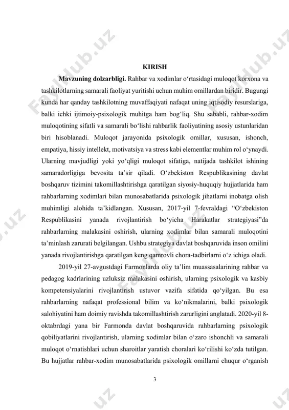 larni aniqlash hamda ularni boshqarish usullarini o‘rganish maqsad qilinadi. muammoning oʻrganilganlik darajasi. rahbar va xodimlar oʻrtasidagi muloqotning psixologik omillari masalasi o‘zbekistonda so‘nggi yillarda ijtimoiy psixologiya va boshqaruv fanlari doirasida keng o‘rganilmoqda. mazkur muammo yuzasidan qator o‘zbek olimlari chuqur tadqiqotlar olib borishgan. masalan, akbarov sh.a. rahbarlik va xodimlarning o‘zaro kommunikatsiyasi, ularning motivatsion va psixologik xususiyatlarini o‘rganish orqali tashkilotlarda samarali boshqaruv tizimlarini shakllantirish muhimligini ta’kidlaydi. uning tadqiqotlarida ayniqsa rahbarlarning muloqotdagi hissiy komponentlari va ularning ishchi guruhlarga ta’siri alohida e’tibor qaratilgan. raximova g. ishlarida esa rahbarlikdagi hissiy intellekt omili va uning xodimlar bilan muloqot samaradorligidagi o‘rni chuqur tahlil qilingan. u o‘zining 2012-yildagi ilmiy maqolasida rahbarlarning hissiy ong va empatiya qobiliyatlari xodimlarning motivatsiyasini oshirishda va ish muhitini sog‘lomlashtirishda muhim vosita ekanligini ko‘rsatgan. islomov o.t. boshqaruv psixologiyasi doirasida rahbarlarning psixologik kompetensiyalari va ularning muloqotdagi rolini ilmiy asosda yoritgan bo‘lib, uning tadqiqotlari rahbarlarning shaxsiy xususiyatlari va psixologik tayyorgarligini oshirishga qaratilgan. mardonov d. o‘zbek ilmiy makonida ishonch …