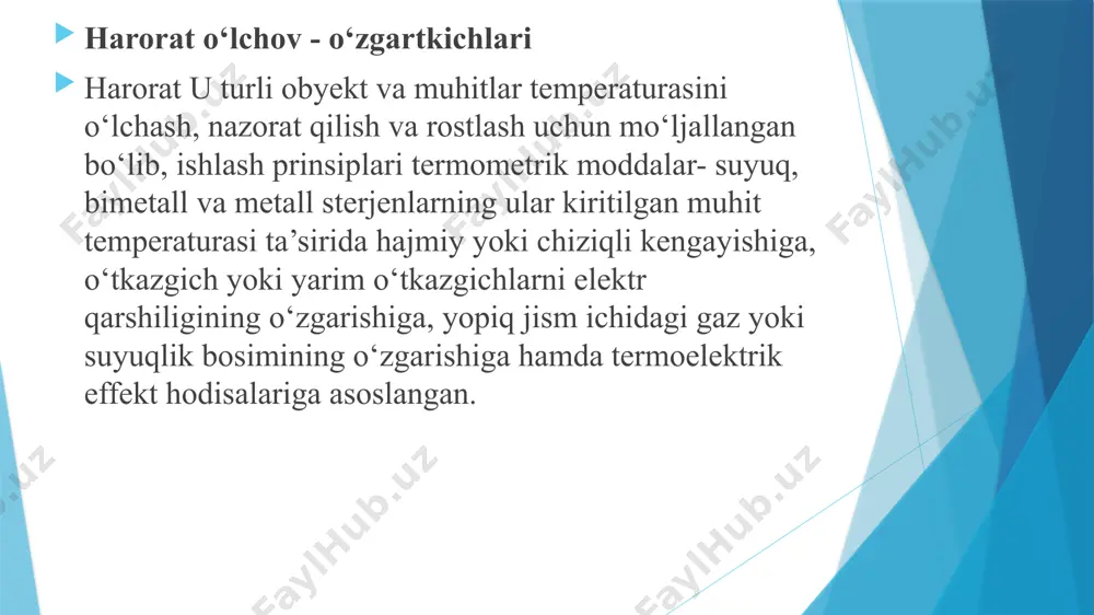 tarilishi bilan ortadi, metall oksidlari (yarim o‘tkazgichlar)ning qarshiligi esa kamayadi. o‘tkazgichli qarshilik termometrlarini tayyorlashda mis, platina, nikel va temirdan foydalaniladi. mis arzon material bo‘lib, uning qarshiligi amalda temperaturaga chiziqli bog‘liq (10.2-rasm,b,l-chiziq), ya’ni r, = r0 (1 +αt), bunda rt va r0 - mos ravishda t va 0°c temperaturalarda termometr qarshiligi; -termometr materialining elektr qarshiligini temperatura koeffitsienti: α =(4…6)10-3 1/s0 termorezistorning sezgirligi k = dr/dt = r0 yarim o‘tkazgichli qarshilik termometrlari (termistorlar)ni tayyorlash uchun titan, magniy, temir, marganes, kobalt, nikel, mis oksidlari yoki ba’zi metallarning (masalan, germaniy) kristallari turli aralashmalar bilan birgalikda qo‘llanadi. termistorlarning muhim afzalligi ularning temperatura koeffitsientining kattaligi (termorezistorlarnikiga nisbatan 10 marotabagacha). yarim o‘tkazgichli termometr qarshiliri (termistor qarshiligi) bilan temperatura orasidagi bog‘lanishni (10.2-rasm,b,2-chiziq.) quyidagicha ifodalash mumkin: bu erda: r20 - termistorning 20°c dagi qarshiligi, b - termistor materialiga bog‘liq bo‘lgan koeffitsient b = 2000...5000 к, t - termodinamik temperatura, к. termorezistorlarning xarakteristikalariga ko‘ra uchta turi mavjud: (a–teskari xarakteristikali (haroratning …
