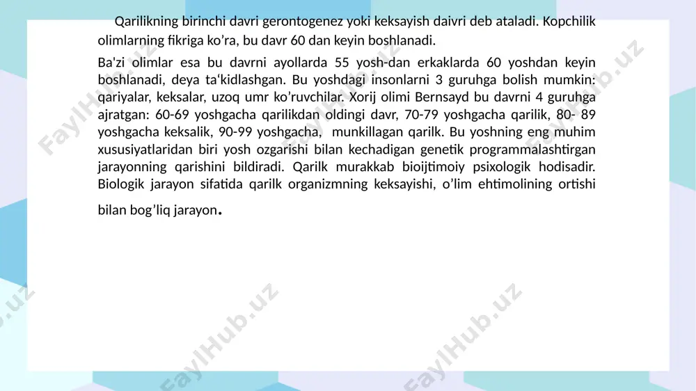 ishi mumkin. qariyalarda ko’rish sezgirligining o’zgarishi ko’p jihat 4 ko’p vaqt talab etilgan. (baltes 1993). qariyalarda kognitiv jarayonlar o’zgarishiga bag’ishlangan tadgigotlarda operatsiyalarning bajarish tezligini yo’qotishni konpetsiyasi qilish mumkin. 1935- yilda s. salthouse tomonidan o’tqazilgan tadqiqotlarda qari mashinstkalar yoshlardan qolishmaydi. ularda reakiya vaqti va barmoqlarning sekin harakatlanishini kuzatish mumkin. tadqiqotchi eksperiment o’tkazish tartibini murakkablashtirib, mashinistka oldindan o’qib olishi mumkin bôlgan so’zlar sonini chegaralanganda, qari mashinstkalarning ish teztigi keskin pasayib ketgan, bu yosh mashinstkalarning ish tezligigа umuman ta’sir qilmagan. uzog muddatli xotirani o’rganishga test natijalarida yosh farqlari kuzatiladi. qator tadqiqotlarda qariyalar so’zlar qatorini qayta esga tushirishga qaraganda tanishga bo’lgan topshiriqlarni yashixroq bajarishi aniqlandi. ( kraik va mdowd, 1987).ular materialni xotirada saqlash uchun koproq tanlovchilikni namoyon qiladi. qariyalarda foydasiz so’zlar rôyhatini eslab qolish ichki isyonni keltirib chiqaradi. shu bilan bogliq ravishda manosiz so’larni eslab golishga bag’ishlangan tadqiqotlarda ular quyi natijalarini namoyon etilgan, manoli so’zlarni, qiziqarli iboralarni eslashda keksalar yoshlarga qaraganda tanishga bo’lgan topshiriq …