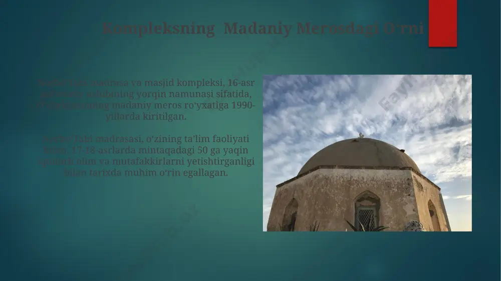 ul qilinadi va ularga islom dinining asosiy bilimlari, arab tili va qur’on tilovati boʻyicha chuqur ta’lim beriladi. norboʻtabi madrasasi va masjidining ahamiyati norboʻtabi madrasasi va masjidining meʼmoriy uslubi 15-asrga xos boʻlib, markaziy osiyo meʼmorchiligi anʼanalarini, ayniqsa, gʻisht ishlash texnikasini mukammal aks ettiradi. norboʻtabi majmuasi, oʻz davri uchun noyob boʻlgan kutubxonaga ega boʻlib, minglab qoʻlyozma asarlarni saqlagan, ularning bir qismi bugungi kungacha yetib kelgan. norboʻtabi madrasasi va masjidining taʼsiri norboʻtabi majmuasi oʻrta asrlar davrida mintaqaviy savdo yoʻllarining kesishish nuqtasida joylashganligi tufayli, madaniy va ilmiy almashinuv markaziga aylangan. madrasada taxminan 100 dan ortiq talaba taʼlim olgan, shuningdek, islom huquqi, falasafa va adabiyot kabi fanlar oʻqitilganligi tarixiy manbalarda qayd etilgan. e'tiboringiz uchun rahmat @taqdimot_robot image6.jpg image7.jpg image8.jpg image9.jpg image10.jpg image11.jpg image12.jpg image13.jpg image14.jpg image15.jpg image16.jpg image17.jpg image2.png image3.png image4.png image5.png