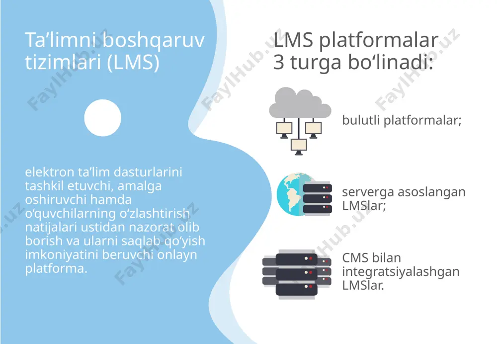 bilan o‘quv materiallari va topshiriqlar yuzasidan fikr almashish hamda o‘quvchilar va ularning ota-onalari bilan uyushgan holda aloqa o‘rnatish imkoniyatini beradi. https://www.ispringsolutions.com/ispring-learn platforma ta’lim muassasalari va kompaniyalarda kadrlar tayyorlash uchun ishlab chiqilgan. biroq ayni paytda amalda asosiy mijozlari sifatida ta’lim muassasalari faoliyat yuritmoqda. platformaning ma’ruza muharriri bo‘limi yordamida modul va uning materiallari (matnli, audio, video, taqdimot, simulyator, topshiriq, test va b.) kiritiladi. hisobotlar bo‘limi yordamida foydalanuvchilar faoliyati hamda o‘zlashtirish natijalari tahlili va statistikasini yuritish mumkin. https://classroom.google.com/ ta’lim uchun mo‘ljallangan platforma bo‘lib, kurs/sinfni yaratish va o‘quvchilarni qo‘shish, kerakli o‘quv materiallarini kiritish va o‘quvchilarga taqdim etish, o‘quvchilarga topshiriqlar berish, ularning ishlarini baholash va faoliyatilarini kuzatib borish, o‘quvchilar bilan muloqot qilish kabi imkoniyatlarni taqdim etadi. google classroomda googleda akkauntga ega xohlagan foydalanuvchi kurs yaratishi mumkin. http://moodle.org/ masofadan turib ta’lim olish muhiti hisoblanib, sifatli masofaviy kurslarni yaratish uchun mo‘ljallangan. bu dasturiy mahsulot dunyoning 100 dan ziyod mamlakatlarida ishlatiladi. bepul tarqatiladigan bu dasturiy majmua o‘zining funksional …