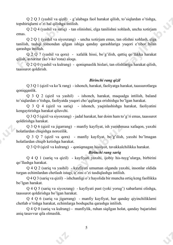 a emasligidan darak beradi. boshqa hollarda kompensatsiya qo’shimcha ranglar bilan bo’lsa, test natijalari manfiy ko’rsatkich bo’ladi. atrof muhitga manfiy qarash. xavotirlik ko’rsatkichi jadvali. bu asosiy ranglarning joylashgan o’rinlarini ko’rsatadi. agarda asosiy rang 6-o’rinda bo’lsa bu muhim holat, xavotir (tashvish) uyg’otuvchi, past ko’rsatkich va «!» belgi bilan belgilanadi. agarda 7-o’rin - «!!»; 8-o’rin «!!!». shunday qilib 6 ta shunday belgi qo’yilishi mumkin. masalan: ! !! !!! 2 1 4 shunday belgi qancha ko’p bo’lsa, shuncha yomon natija chiqadi. juft ranglarni izohlash 1-jadval. «q q » vaziyat. birinchi ko’k rang q1 q2 (ko’k rang va yashil) - qoniqish hosil qilishi hissi, xotirjamlik, xotirjamlik sharoitiga intilish, ziddiyatlar(muammo, janjal)da qatnashishni istamaslik. q1 q 3 (ko’k rang va qizil) - o’zini to’laqonli his qilish, faoliyat bilan o’zaro moslashishga jadal harakat qilish. q1 q 4 (ko’k rang va sariq) - uncha xotirjam emas, his tuyg’uga to’la, yaqin aloqalarga unchalik qiziqmaydi. boshqalarni unga e’tibor berishini xohlaydi. q …