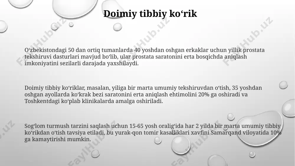 abzavot isteʼmol qilishni, shu jumladan, 200 grammdan ortiq meva va 400 grammdan ortiq sabzavotni oʻz ichiga oladi, bu esa yurak-qon tomir kasalliklari xavfini kamaytiradi. toshkentdagi olimlar oʻtkazgan tadqiqotlarga koʻra, kunlik ovqatlanishda kamida 2 litr suv isteʼmol qilish, organizmning suv balansini saqlash va metabolizmni yaxshilashga yordam beradi. oʻzbekiston sogʻliqni saqlash vazirligining tavsiyalariga koʻra, kunlik kaloriyangizning 30% dan koʻprogʻini yogʻlardan olish tavsiya etilmaydi, shuning uchun sogʻlom yogʻlarni (masalan, zaytun moyi) afzal koʻrish kerak. jismoniy faollik toʻgʻri ovqatlanish bilan birgalikda, haftasiga kamida 150 daqiqa jismoniy mashqlar bajarish, jahon sogʻliqni saqlash tashkiloti (jsst) maʼlumotlariga koʻra, umumiy sogʻliqni yaxshilashga yordam beradi. oʻrtacha 7000 ga yaqin qadam tashlash, kunlik jismoniy faollik uchun tavsiya etiladigan miqdor hisoblanib, aqsh sogʻliqni saqlash tashkilotining tavsiyalariga mos keladi. jismoniy faollikning 30 daqiqalik muntazam mashgʻulotlari yurak-qon tomir kasalliklari xavfini 35% ga kamaytirishi, buyuk britaniyaning tadqiqotlari isbotlagan. shaxsiy gigiena shaxsiy gigiena, kuniga kamida 2 marta, 30 soniya davomida qo'llarni sovun bilan yuvishni, ayniqsa …