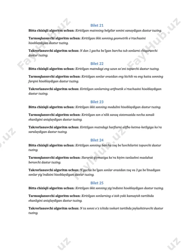 algoritm uchun: kiritilgan sonlarning o'sish yoki kamayish tartibida ekanligini aniqlaydigan dastur tuzing. takrorlanuvchi algoritm uchun: n ta sonni o'z ichida teskari tartibda joylashtiruvchi dastur tuzing. bilet 26 bitta chiziqli algoritm uchun: kiritilgan sonni o'nlikdan ikkilik sanoq sistemasiga o'giruvchi dastur tuzing. tarmoqlanuvchi algoritm uchun: kiritilgan uchta sondan eng kattasini topuvchi dastur tuzing. takrorlanuvchi algoritm uchun: kiritilgan sonning raqamlarini o'sish tartibida saralaydigan dastur tuzing. bilet 27 bitta chiziqli algoritm uchun: kiritilgan sonni kvadratini hisoblaydigan dastur tuzing. tarmoqlanuvchi algoritm uchun: kiritilgan son musbat yoki manfiy ekanligini tekshiruvchi dastur tuzing. takrorlanuvchi algoritm uchun: kiritilgan sonning barcha bo'luvchilarini chiqaruvchi dastur tuzing. bilet 28 bitta chiziqli algoritm uchun: kiritilgan ikki son orasidagi barcha tub sonlarni topuvchi dastur tuzing. tarmoqlanuvchi algoritm uchun: kiritilgan yil kabisa yili ekanligini aniqlaydigan dastur tuzing. takrorlanuvchi algoritm uchun: kiritilgan matnda barcha lotin harflarini kichikdan kattaga o'zgartiruvchi dastur tuzing. bilet 29 bitta chiziqli algoritm uchun: kiritilgan sonni kvadratini hisoblaydigan dastur tuzing. tarmoqlanuvchi algoritm …