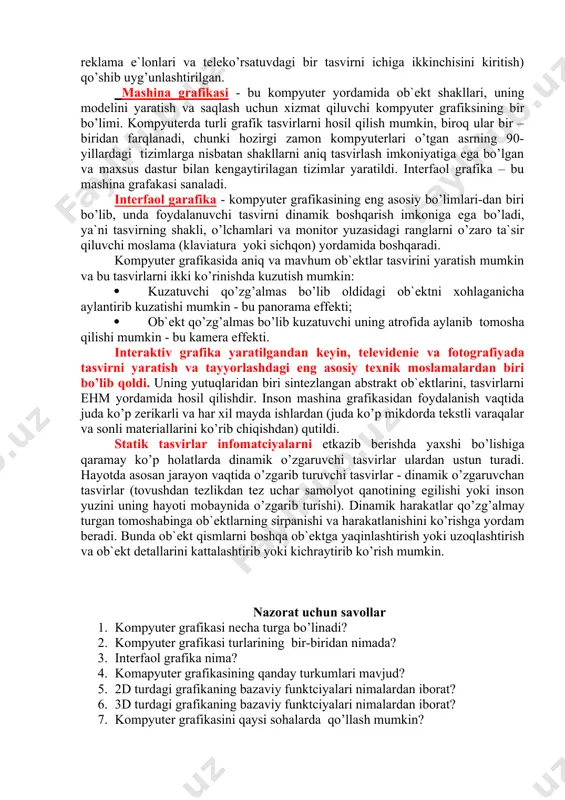 minlanadi. tijorat grafikasiga tegishli bo’lgan amaliy dasturlar paketi tasvirni ekranda tezda va qulay ifodalashga qaratilgan, chunki tijorat-chining asosiy maqsadi axborotlarni qayta ishlash jarayonidagi o’zgarishlarni tezda muhokama qilib, tegishli qarorlar qabul qilishdan iboratdir. tasavvurni yanada oshirish uchun ushbu paketlarda tasvirni turli xildagi grafika shaklida tasvirlash imkoniyati kiritilgan. bu esa o’z navbatida barcha turdagi tasvirlarni ekranda birgalikda ko’rib, tahlil qilish imkoniyatini oshiradi. bu paketlarning eng ahamiyatli tomoni shundaki, ular tasvirlarni turli xil shaklda berishdan tashqari aks ettirilgan grafikalarni tahlil qilish imkoniyatini ham beradi. shu sababli bu paketlarga turli xil matematik tahlil usullari, jumladan statistik tahlil, ehtimollar nazariyasi, iqtisodiy jarayonlar bashorati kabi usullar kiritilganki, ular berilgan axborot to’plamini tahlil qilish imkonini beradi. namoyish qilish grafikasi - matn, sxema, eskiz kabi hujjatlarni mashinaviy tasvirini hosil qilib uni namoyish etishga tayyorlash uchun xizmat qiladi. bu erda eng asosiy vazifa - yuqori sifatli va chiroyli ko’rinishdagi tasvirlar hosil qilishdan iborat. bu turdagi grafikalarning eng afzal tomoni …
