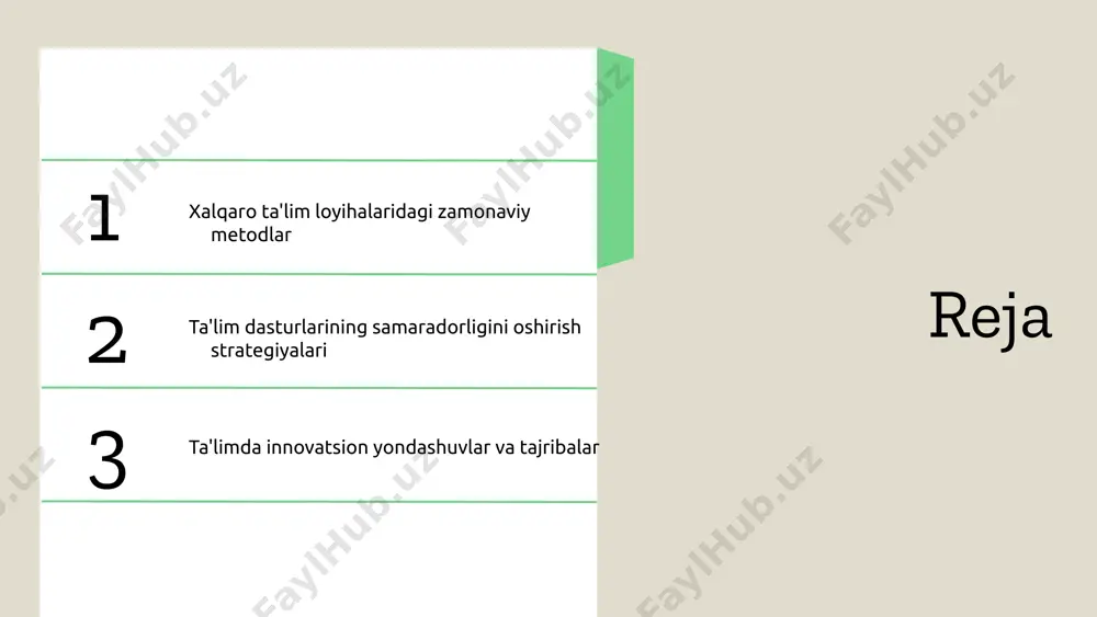: 1) o'quvchilarning qiziqishini oshirish, 2) o'zlashtirish darajasini yaxshilash, 3) o'quv jarayonida o'zaro aloqani kuchaytirish. biroq, ularga bog'liqlik, texnologiyaga qaramlik va barcha o'quvchilar uchun teng imkoniyatlar yaratilishi kabi kamchiliklar ham mavjud. zamonaviy ta'limda texnologiyalarning roli zamonaviy ta'limda texnologiyalar o'quv jarayonini yanada samarali va qiziqarli qilishda muhim rol o'ynaydi. axborot texnologiyalari yordamida o'quvchilar uchun interaktiv ta'lim muhitlari yaratilmoqda. masalan, onlayn darslar va virtual sinflar o'quvchilarga o'z vaqtida va joyida ta'lim olish imkonini beradi. bu esa ta'lim metodologiyasiga yangi yondashuvlarni kiritish imkoniyatini yaratadi. shuningdek, zamonaviy ta'lim platformalari, masalan, coursera, edx va udemy kabi xizmatlar orqali talabalarga keng ko'lamli bilim va ko'nikmalarni olish imkonini beradi. ushbu platformalar, global miqyosda ta'lim resurslariga kirishni osonlashtiradi va o'quvchilarning mustaqil o'rganish qobiliyatini rivojlantiradi. loyihalardagi ta'lim metodlarining tahlili ta'lim metodlarining tahlili xalqaro loyihalarda o'qitish jarayonining samaradorligini oshirishga qaratilgan. ushbu metodlar, talabalar o'rtasida bilim almashinuvi va tajriba orttirishga yordam beradi. ta'lim metodlari tahlili loyihalardagi ta'lim metodlari, interaktiv va amaliy …