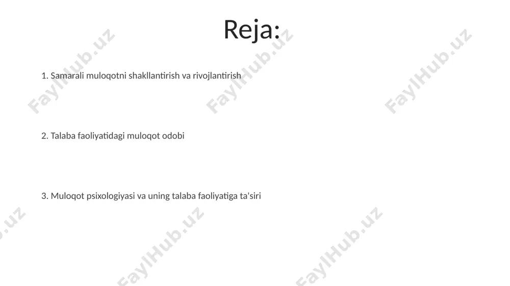 psixologik jihatdan talabalarning o'zaro munosabatlariga ijobiy ta'sir ko'rsatadi. noverbal muloqot va uning ahamiyati noverbal muloqotda tana tili 55% dan ortiq xabarni yetkazadi, shuning uchun mimika, imo-ishoralar va holatga e’tibor qaratish muhim. ovoz ohangi va intonatsiyasi xabar mazmunining 38% ni tashkil etadi va tinglovchilarning his-tuyg'ulariga sezilarli ta’sir ko'rsatadi. e'tiboringiz uchun rahmat @taqdimot_robot image4.jpg image5.jpg image6.jpg image7.jpg image8.jpg image9.jpg image1.jpeg image2.jpeg