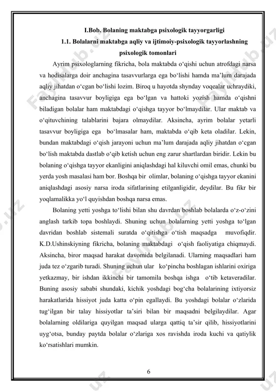 . buning asosiy sababi shundaki, kichik yoshdagi bog‘cha bolalarining ixtiyorsiz harakatlarida hissiyot juda katta o‘pin egallaydi. bu yoshdagi bolalar o‘zlarida tug‘ilgan bir talay hissiyotlar ta’siri bilan bir maqsadni belgilaydilar. agar bolalarning oldilariga quyilgan maqsad ularga qattiq ta’sir qilib, hissiyotlarini uyg‘otsa, bunday paytda bolalar o‘zlariga xos ravishda iroda kuchi va qatiylik ko‘rsatishlari mumkin. bolalarda 5-6 yoshdan boshlab shaxsiy ong tarkib topa boshlaydi. bu shunday hollarda ko‘rinadiki, bolalar o‘zlari yashab turgan ijtimoiy muhitdan o‘z o‘yinlarini belgilashga, kattalar bilan yanada yakinroq yanada to‘laroq munosabatlar sistemasini o‘rgatishga intiladilar. katta guruh bolalari maktabga borishdan ancha ilgariyoq maktab haqida orzu qila boshlaydilar. maktabning qanday ekanini kattalardan tez-tez,surishtirib turadilar. maktabga borish vaqtlarini aniq bilishga harakat qiladilar. agar biror o‘rtoqlari maktabga o‘tib ketsa, juda xavaslari kelib, o‘zlari bog‘chada qolganlaridan o‘ksinib ketadilar. katta yoshdagi bog‘cha bolalarining maktabga intilishlari ijtimoiy munosabatlar tizimidan yangini egallashga bo‘lgan intilishlarining konkret ifodasidir. shunday qilib, bolaning maktabdagi o‘qishga tayyorligi shaxsining ijtimoiy yetuklik bosqichlaridan biridir. lekin …
