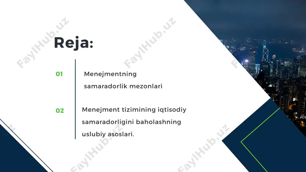 uniy natijasi, jamoaning xarakati, choralar majmui yaxlitligini tushunish mumkin. boshqaruv xodimlari mehnati unumli boʼlib, bevosita ishchilar mehnatiga teng baholandi, shu bilan birga sifat jihatidan ular mehnatidan farq qiladi, chunki, intelektual faoliyat boʼlib bevosita tayyor mahsulot yaratmaydi. boshqaruv apparati xodimlari faoliyati axborotni yigʼish, jamlash, saqlash, qayta ishlash va taqdim etish boʼyicha mehnat jarayoni sifatida namoyon boʼladi. shu tariqa, maqbul boshqaruv qarorlarini ishlab chiqarish va ularni bajarilishini taʼminlashga yoʼnaltirilgan axborot jarayonlari boshqaruv xodimlari mehnati predmeti boʼlib hisoblanadi. qishloq xoʼjaligida menejment faoliyati natijaviyligi, avvalo, menejmentning sifat jihatlarini aks ettiruvchi samaradorlik mezonlari yordamida baholanadi. bularga quyidagilarni kiritish mumkin: -boshqaruvning tezkorligi- qarorlarni oʼz vaqtida tayyorlash va qabul qilish, shuningdek, teskari aloqadorlik mexanizmlarini yaxshi yoʼlga qoʼyish; -boshqaruv tizimining ishonchliligi axborotning haqqoniyligi va oʼz vaqtida taqdim etishi, ish uslubi va qarorlarni ilmiy-texnik taraqqiyotning zamonaviy darajasiga muvofiqligi, xodimlarni tayyorgarlik darajasi, ish staji va va barqarorligi; -bajarilayotgan vazifalalr sifati, texnika vositalari bilan taʼminlanganligi; -boshqaruv tizimi maqbulligi – qarorlarni qabul …