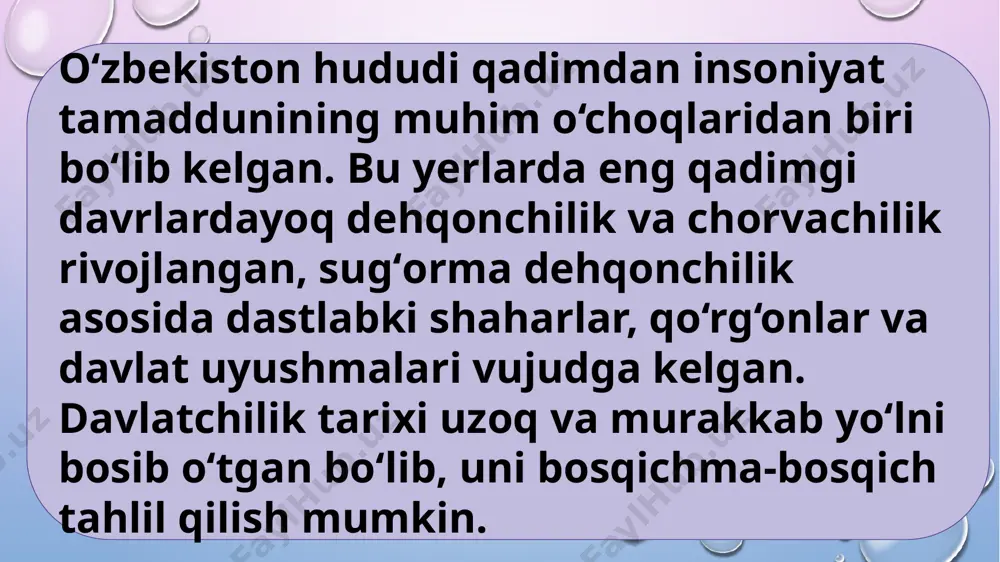 o kanishka zamonida yetdi. bu davrda buyuk ipak yo‘li orqali savdo yuksaldi, oʻrta osiyo sharq va g‘arb o‘rtasidagi vositachiga aylandi. kushonlar davrida san’at, haykaltaroshlik, diniy g‘oyalar rivojlandi. buddaviylik ham keng yoyildi. turk xoqonligi va turkiy davr (vi – ix asrlar) milodiy vi asrda markaziy osiyoda yirik davlat – turk xoqonligi paydo bo‘ldi. oʻzbekiston hududi ham ushbu davlat tarkibida edi. bu davrda turkiy qabilalar movarounnahrda keng joylashdi. turk xoqonligidan so‘ng hududda turgeshlar, qarluqlar va boshqa turkiy qabilalar hukmronlik qildilar. viii asrda arablar istilosi natijasida movarounnahr xalqlari asta-sekin islom dinini qabul qila boshladilar. bu jarayon ix asrga kelib to‘liq mustahkamlandi. somoniylar davlati (ix – x asrlar) somoniylar davlati ix asrda buxoroni markaz qilgan holda tashkil topdi. bu davlat movarounnahr va xuroson hududida islomiy madaniyat va siyosat markaziga aylandi. somoniylar zaiflashgach, hududda qoraxoniylar, g‘aznaviylar va saljuqiylar davlatlari hukmronlik qildilar. xorazmshohlar davlati (xi – xiii asr boshlarida) xi asr oxiriga kelib, xorazm hududida mustaqil …