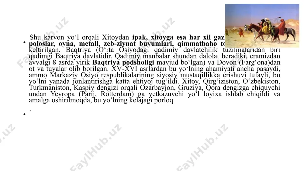 , ot olishni afzal ko‘rgan. otlar xalq xo‘jaligining barcha tarmoqlarida, harbiy xizmatda, transport vositasi sifatida, uloq chopish, chovgan o‘ynash, zeb-ziynat sifatida nihoyatda qadrlangan. shu sababli otlar eksportda yetakchi o‘rinni egallagan. qishloq xo‘jaligida paxta yetishtirish va paxtadan olinadigan mahsulot asosiy o‘rinda turgan. polizchilik (ayniqsa, qovunchilik), bog‘dorchilik (uzum) yaxshi rivojlangan. agar bizga ipak yetishtirish xitoydan kirib kelgan bo‘lsa, xitoyliklar bizdan zotli otlar sotib olgan, uzum va beda yetishtirishni o‘rganishgan. vatanimiz hududida qorako‘l teri beradigan qo‘ylar parvarishi muhimdir. ularning terisi bilan savdo qilish muhim ahamiyat kasb etgan. hozirgi davrda ham bu sohaga etiborni kuchaytirish o‘zbekiston mustaqilligini mustahkamlash uchun zarur vosita hisoblanadi. tarixiy malumotlarga qaraganda, bir karvonda 500-1000 tagacha odam, ot, tuya, boshqa ulovlar, savdogarlar bilan birga diplomatlar, elchilar, xajga boruvchilar, harbiy qo‘riqchilar bo‘lgan. butun yo‘l boshidan-oxirigacha 120-150 kun davomida bosib o‘tilgan. arabistonda feodal munosabatlariga o‘tish va yagona davlat tashkil etish yangi islom dinining paydo bo‘lishi bilan birga yuz berdi. umumarab davlatining boshlig‘i muhammad …