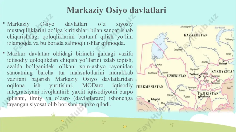 quyidagilardan iborat: suv –energetika zahiralaridan unumli foydalanish. transport tizimining umummintaqaviy tuzilmasi barpo etish. ishlab chiqarish kooperatsiyasi, savdo – iqtisodiy, ijtimoiy – madaniy munosabatlarini har tomonlama rivojlanish. ekologik muammolarini birgalikda hal etish. barqarorlikni mustahkamlash. о‘zbekistonning osiyo, yaqin sharq, yevropa va amerikaning 70 dan ortiq davlatlari bilan savdo-iqtisodiy hamkorligi yildan-yilga rivojlanib bormoqda. ularning orasida о‘zbekistonning rossiya (tashqi savdo aylanmasida ulushi 21,7%), koreya respublikasi (5,9%), turkiya (5,5%), qozog‘iston (5,4 %), xitoy (5,1%), eron (4,9%), germaniya (3,4%), aqsh (2,8%) va boshqa mamlakatlar bilan iqtisodiy aloqalari muhim о‘rinda turadi (2006). о‘zbekistonning osiyo, yaqin sharq, yevropa va amerikaning 70 dan ortiq davlatlari bilan savdo-iqtisodiy hamkorligi yildan-yilga rivojlanib bormoqda. mashina va uskunalar, kimyo mahsulotlari va plastmassa, qora va rangli metallar va ulardan ishlangan buyumlar, farmatsevtika mahsulotlari, transport vositalari va boshqalar. agar mustaqillikning dastlabki yillarida jami eksport hajmining 50% dan ziyodi paxta tolasining ulushiga tо‘g‘ri kelgan bо‘lsa, hozirgi paytda u 20% dan ham kamroqni tashkil etmoqda. ayni paytda …