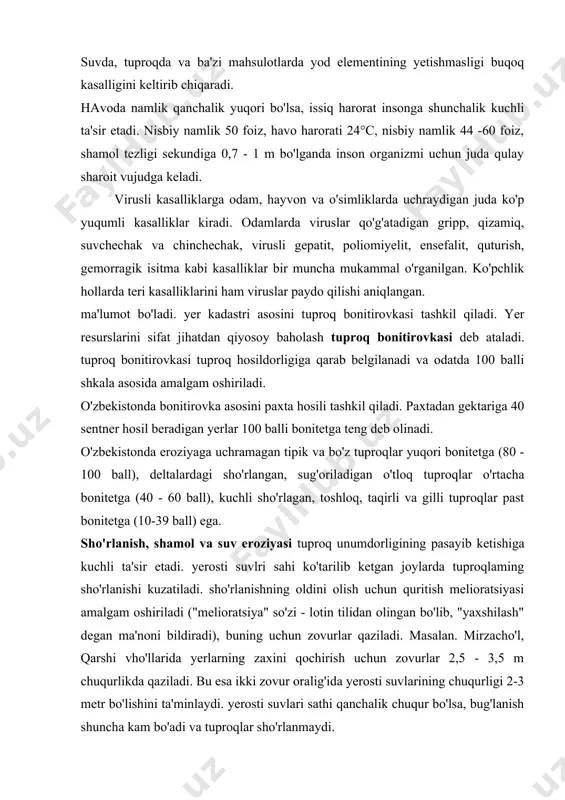 kuzatiladi. sho'rlanishning oldini olish uchun quritish melioratsiyasi amalgam oshiriladi ("melioratsiya" so'zi - lotin tilidan olingan bo'lib, "yaxshilash" degan ma'noni bildiradi), buning uchun zovurlar qaziladi. masalan. mirzacho'l, qarshi vho'llarida yerlarning zaxini qochirish uchun zovurlar 2,5 - 3,5 m chuqurlikda qaziladi. bu esa ikki zovur oralig'ida yerosti suvlarining chuqurligi 2-3 metr bo'lishini ta'minlaydi. yerosti suvlari sathi qanchalik chuqur bo'lsa, bug'lanish shuncha kam bo'adi va tuproqlar sho'rlanmaydi. yerosti suvlari yer yuzasiga juda yaqin joylashgan hududlarda sho'rlanish juda kuchli bo'ladi. uning oldini olish uchun har yili qishda tuproqning sho'ri yuvib turiladi (xorazm, qoraqalpog'iston, buxoro, sherobod, mirzacho'l, qarshi vohalari). shamol kuchli esadigan hududlarda (markaziy farg'ona, mirzacho'l, dalvarzin, qarshi, sherobod cho'uarida) tuproqning ustki qismi eroziyaga uchraydi, oqibatda tuproqning unumdor chirindili qatlami uchib ketadi. shamol eroziyasining oldini olish uchun shamolning yo'nalishiga ko'ndalang tarzda ihota darxtzorlari tashkil qilinadi. ihota daraxtzorlari shamolning kuchini kamaytiradi va tuproqdagi namni uzoqroq ushlab turishga imkonberadi. sug'orish jarayonida nishab yarlar suv eoziyasiga uchraydi. bunday …