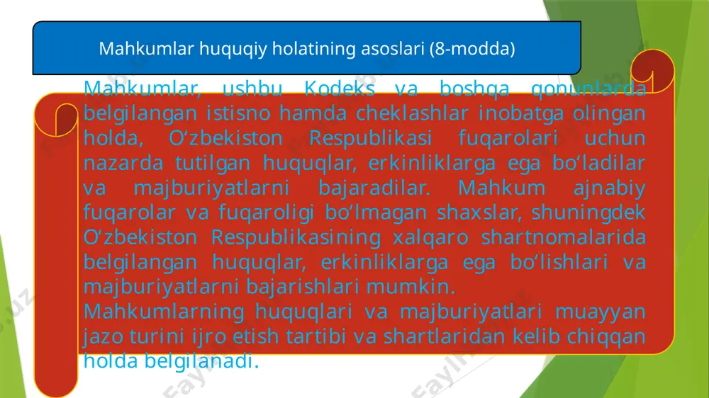 vishda murojaat qilishga haqli. mahkumning arizasini (xabarini) qabul qilgan xodim zudlik bilan uni jazoni ijro etish muassasasining yoki organining boshlig‘iga taqdim etadi. mahkumning shaxsiy xavfsizligini ta’minlash to‘g‘risidagi arizasi (xabari) mahkumlarning shaxsiy xavfsizligini ta’minlash to‘g‘risidagi arizalarini (xabarlarini) qayd etish kitobida jazoni ijro etish muassasasining yoki organining mas’ul shaxsi tomonidan ro‘yxatdan o‘tkaziladi. jazoni ijro etish muassasasi yoki organi boshlig‘i shaxsiy xavfsizlikni ta’minlash to‘g‘risidagi arizani (xabarni) olgandan so‘ng mahkumni xavfsiz joyga vaqtinchalik joylashtirishi shart. jazoni ijro etish muassasasi yoki organi boshlig‘i shaxsiy xavfsizlikni ta’minlash to‘g‘risidagi arizani (xabarni) ko‘rib chiqadi va mahkumga nisbatan xavfsizlik choralarini qo‘llash to‘g‘risida yoxud ularni qo‘llashni rad etish haqida uch sutka ichida qaror qabul qiladi. kechiktirib bo‘lmaydigan hollarda mahkumga nisbatan xavfsizlik choralarini qo‘llash to‘g‘risidagi qaror darhol qabul qilinadi. mahkumlarning shaxsiy xavfsizlik huquqi (11-modda) mahkum qabul qilingan qaror bilan imzo qo‘ydirib tanishtiriladi. xavfsizlik choralarini qo‘llash to‘g‘risidagi yoki ularni qo‘llashni rad etish haqidagi qaror ustidan yuqori turuvchi organga, prokurorga yoki sudga shikoyat …
