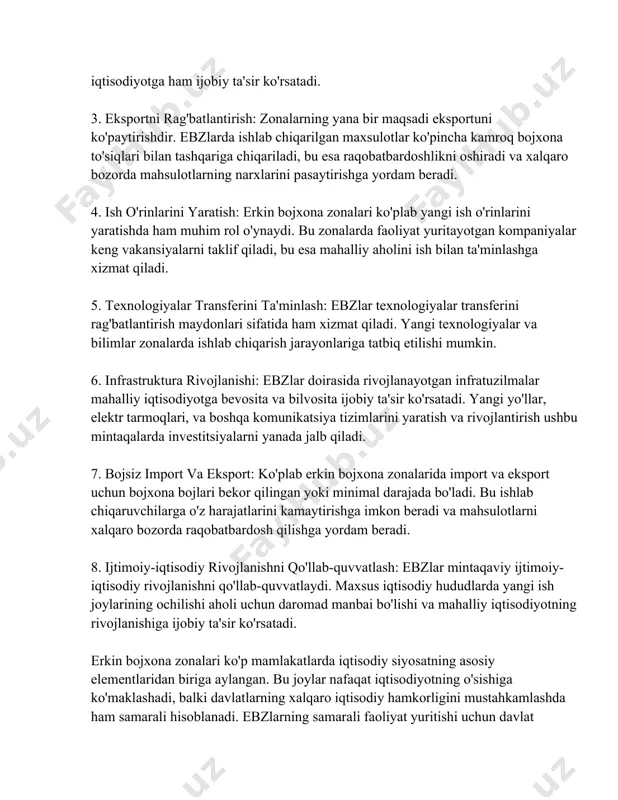 ishi va mahalliy iqtisodiyotning rivojlanishiga ijobiy ta'sir ko'rsatadi. erkin bojxona zonalari ko'p mamlakatlarda iqtisodiy siyosatning asosiy elementlaridan biriga aylangan. bu joylar nafaqat iqtisodiyotning o'sishiga ko'maklashadi, balki davlatlarning xalqaro iqtisodiy hamkorligini mustahkamlashda ham samarali hisoblanadi. ebzlarning samarali faoliyat yuritishi uchun davlat tomonidan qonunchilik bazasi, huquqiy muhit va boshqa qulayliklar yaratilishi muhimdir. ular yo'li bilan erishiladigan ijobiy natijalar uzoq muddatli iqtisodiy barqarorlikka va global savdo tizimiga integratsiyaga zamin yaratadi. erkin bojxona zonasida soliq imtiyozlari erkin bojxona zonalarida soliq imtiyozlari haqida ma'lumot berishdan oldin, bu hududlarning mohiyatini tushuntirish lozim. erkin bojxona zonalari (ebz) bu alohida iqtisodiy hududlar bolib, ular osishini ragbatlantirish va chet el investitsiyasini jalb qilish uchun maxsus boj va soliq imtiyozlari bilan ta'minlanadi. ebzda faoliyat olib boruvchi kompaniyalar bir qator soliq va bojxona imtiyozlaridan foyda olishadi. ushbu imtiyozlar quyidagicha ta'riflanishi mumkin: 1. bojxona imtiyozlari: - ebzda import qilinadigan xom ashyo, yarim tayyor mahsulotlar va boshqa tovarlar uchun bojxona tolovlari olinmaydi. bu …