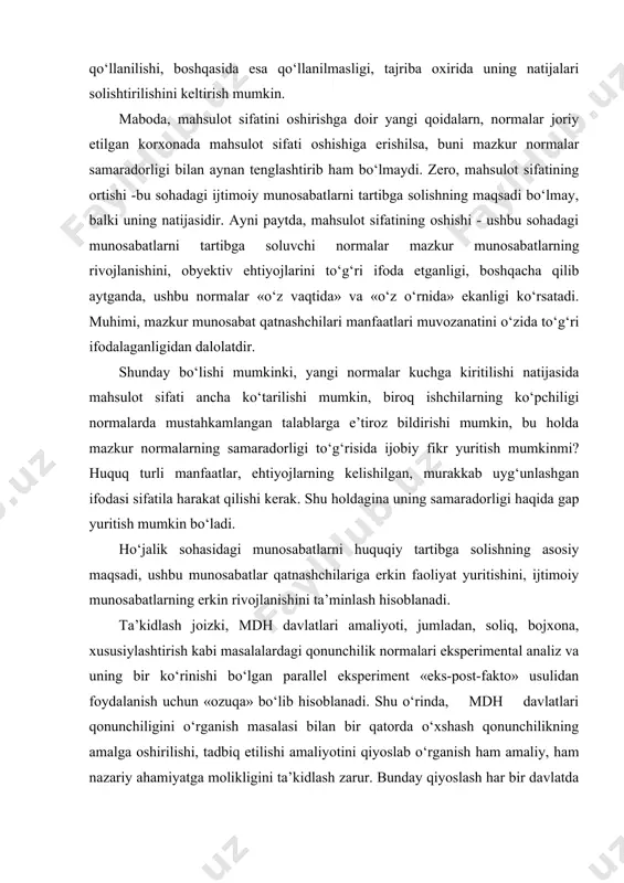«eks-post-fakto» usulidan foydalanish uchun «ozuqa» bo‘lib hisoblanadi. shu o‘rinda, mdh davlatlari qonunchiligini o‘rganish masalasi bilan bir qatorda o‘xshash qonunchilikning amalga oshirilishi, tadbiq etilishi amaliyotini qiyoslab o‘rganish ham amaliy, ham nazariy ahamiyatga molikligini ta’kidlash zarur. bunday qiyoslash har bir davlatda muayyan ijtimoiy munosabatlarni huquqiy tartibga solishning eng maqsadga muvofiq variantini topishga yordam berishi mumkin. qonunchilik samaradorligi o‘rganishda ekspert baholari metodologiyasidan foydalanish ham muayyan ijobiy ahamiyatga ega. bu uslub huquq sotsiologiyasida ancha rivojlangan. huquqiy tartibga solish mexanizmi samaradorligi masalalari ijtimoiy munosabatlarin huquqiy tartibga solish qator yuridik vositalar yordamida amalga oshiriladi. ijtimoiy munosabatlarni tartibga solishda foydalaniladigan yuridik vositalar majmui huquqiy tartibga solish mexanizmini anglatadi. mazkur yuridik vositalar orqali huquq amalga oshadi. shu munosabat bilan huquqiy tartibga solishning samaradorligi masalasi muhim ahamiyat kasb etadi. a.v.malko hozirgi zamonda huquqiy tartibga solish samaradorligini ko‘tarishning quyidagi yo‘llarini ko‘rsatib o‘tadi: -huquq ijodkorlikni takomillashtirish; -huquq qo‘llashni takomillashtirish; -huquq subyektlarining huquqiy madaniyatini ko‘tarish. ta’kidlash joizki, bu yo‘llar ilmiy adabiyotlarda va …
