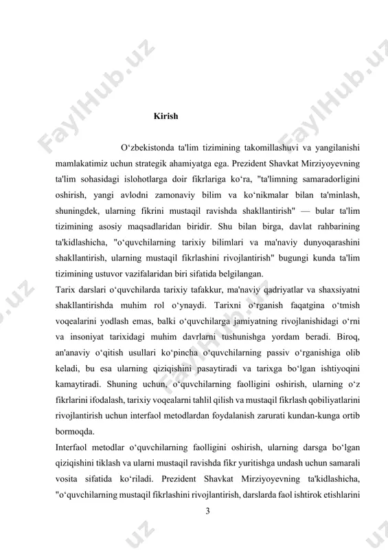 sh usullarini urganish kurs ishining vazifalari: interfaol ta’lim metodlarining mazmuni va ularning ilmiy asoslari .tarix darslarida interfaol metodlardan foydalanish zarurati va maqsadlari. tarix fanida qo‘llaniladigan asosiy interfaol metodlar turlari va ularning xususiyatlari. tarix darslarida interfaol metodlardan foydalanish tajribalari va samaradorlik natijalari 1-bob. interfaol metodlarning nazariy asoslari va ta’limdagi ahamiyati 1.1. interfaol ta’lim metodlarining mazmuni va ularning ilmiy asoslari interfaol ta’lim metodlari, ta’lim jarayonida o‘quvchilarning faolligini oshirish, ularni ma’lumot olishda passiv emas, balki aktiv ishtirokchi sifatida jalb qilishga qaratilgan pedagogik usullar to‘plamidir. bu metodlar o‘quvchilarga ma’lumotlarni olishda va ularga amaliy ko‘nikmalarni shakllantirishda yordam beradi. interfaol ta’lim o‘quvchilarning fikrlash, muammolarni hal qilish, hamkorlik qilish va mustaqil ishlash kabi ko‘nikmalarini rivojlantirishga qaratilgan. interfaol ta’lim metodlari o‘quvchilarning faolligini oshirish, ular bilan samarali muloqot o‘rnatish, va o‘qitish jarayonida interaktiv faoliyatni rivojlantirishga qaratilgan ta’lim metodlari to‘plamidir. bu metodlar o‘quvchilarning muloqot, fikrlash va problemalarni hal etish qobiliyatlarini rivojlantirishga yordam beradi. interfaol ta’lim usullari o‘quvchilarga faqat passiv ravishda …