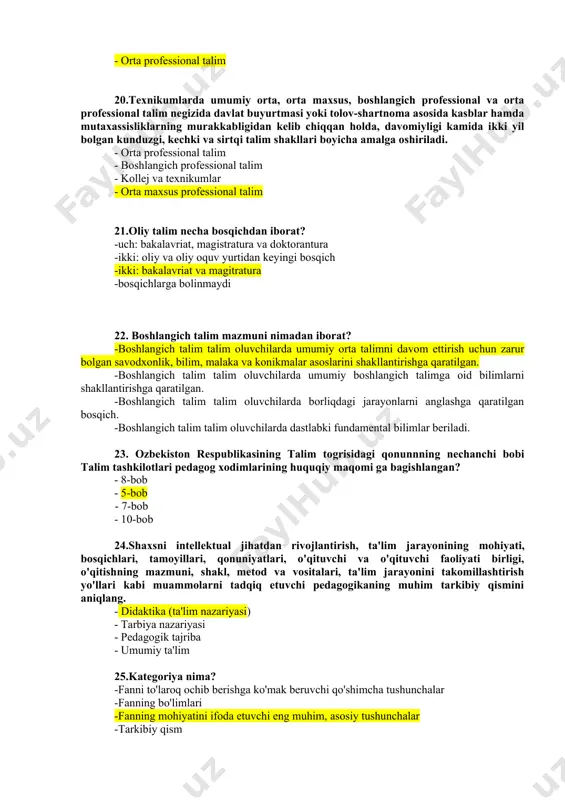 m (x -xi sinflar). -boshlang�ich ta�lim (i -iv sinflar); tayanch o�rta ta�lim (v- x sinflar); o�rta ta�lim (ix -xi sinflar). 18.kasb-hunar maktablarida ix sinf bitiruvchilari negizida bepul asosda kunduzgi ta�lim shakli bo�yicha umumta�lim fanlarining va mutaxassislik fanlarining ikki yillik integratsiyalashgan dasturlari asosida amalga oshiriladi. - o�rta professional ta�lim - o�rta maxsus professional ta�lim -boshlang�ich professional ta�lim - texnikumlar 19.kollejlarda davlat buyurtmasi yoki to�lov-shartnoma asosida kasblar hamda mutaxassisliklarning murakkabligidan kelib chiqqan holda, davomiyligi ikki yilgacha bo�lgan kunduzgi, kechki va sirtqi ta�lim shakllari bo�yicha umumiy o�rta, o�rta maxsus ta�lim hamda boshlang�ich professional ta�lim negizida amalga oshiriladi. - boshlang�ich professional ta�lim - o�rta maxsus professional ta�lim - texnikumlar - o�rta professional ta�lim 20.texnikumlarda umumiy o�rta, o�rta maxsus, boshlang�ich professional va o�rta professional ta�lim negizida davlat buyurtmasi yoki to�lov-shartnoma asosida kasblar hamda mutaxassisliklarning murakkabligidan kelib chiqqan holda, davomiyligi kamida ikki yil bo�lgan kunduzgi, kechki va sirtqi ta�lim shakllari bo�yicha amalga oshiriladi. - o�rta professional …
