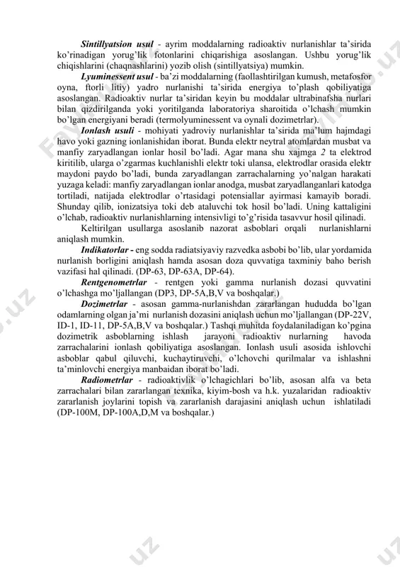 oya inshootlari hisoblanadi. ular gamma nurlarini turli darajada susaytiradi. eng ishonchli himoya inshooti - bu qo’rg’oshindan, temirdan, temir-betondan qurilgan boshponalardir. yuqorida keltirilgan fikrlarga asoslanib, ma’lum bo’ldiki, zamonaviy qirg’in vositalaridan foydalanilganda ajraladigan nurlanishlarni barcha turlari inson organizmiga jiddiy ta’sir ko’rsatib hattoki insonni o’limiga olib keladi. zamonaviy qirg’in vositalaridan muhofazani tashkil qilishda raqib tomonidan u yoki bu qurolni qo’llash ehtimolini aniq bilish zarur. har bir shikastlovchi omildan esa maqsadga muvofiq keladigan usullarni, vositalar va muhofazalanish bo’yicha harakatlarni qidirib topish kerak. jumladan qurollardan foydalanish oqibatida ajralayotgan nurlarni aniqlash zarur, chunki radioaktiv nurlanishlar hidga ham, rangga ham ega emas. shuning uchun ularni faqat maxsus asboblar yordamida quyidagi usullar orqali aniqlash mumkin, ya’ni radioaktiv nurlanishlarni aniqlashning bir necha usullari mavjud. fotografik usul - fotoemulsiyaning qorayishi darajasining o’zgarishiga asoslangan. agar fotoplyonka yorug’lik o’tmaydigan kameraga joylashtirilib, gamma-nurlar ta’siriga uchratilsa, fotoplyonka qorayadi. qorayish zichligi nurlanish dozasiga bog’liq. qorayish zichligini etalon bilan solishtirib plyonka olgan nurlanish dozasini aniqlash mumkin. …