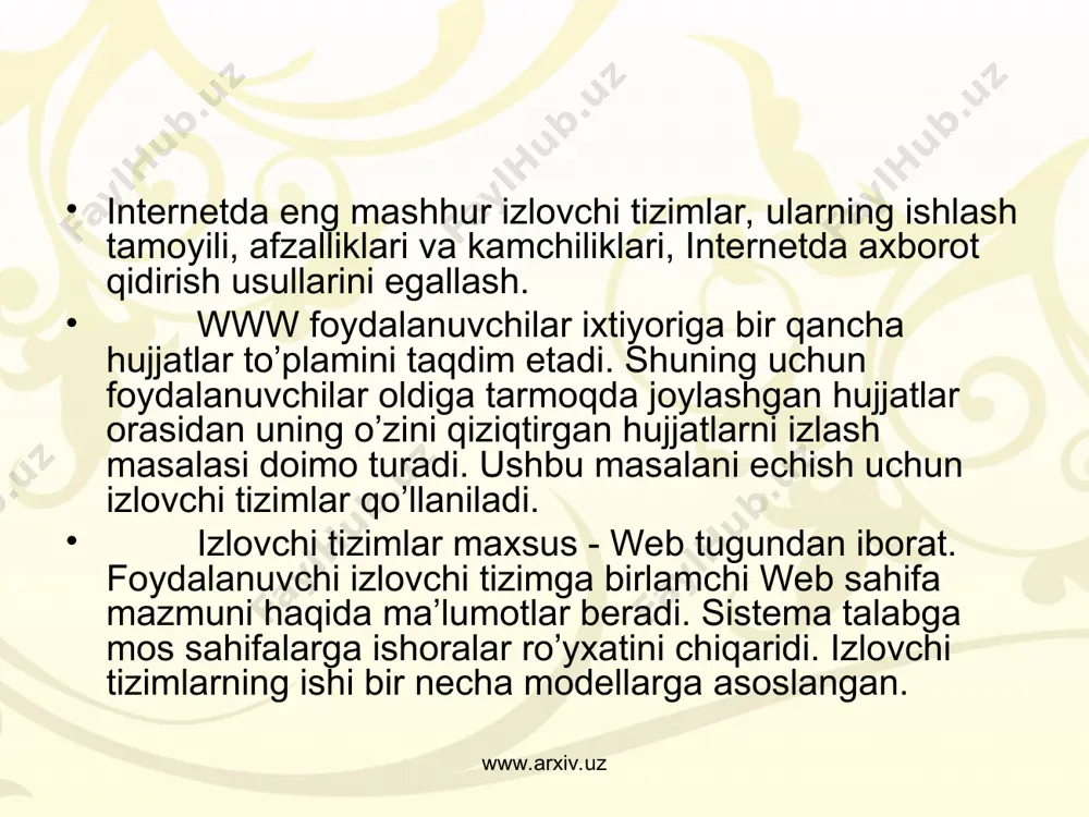 tikasi qoidalarini bila oladi. murakkab izlash vazifalarini shakllantirishda foydalanish qulaydir. ingliz tilida izlovchi tizimlar www.arxiv.uz www.arxiv.uz alta visa http://www.alta.visa/ hujjatlarning barcha tildagi juda ko’p tavsiflari bor. кonteksli izlash amali uchun qulay va yaxshilardan biri. ilmiy adabiyotlarni izlash uchun samarali. lucos http://www.lucos.ru/ кonteksli va maxsus izlov qulay vositalari bor. northern ligth http://www.northern/ ligth.com ilmiy izlov o’tkazish uchun samarali. web fazoni qamrab olish koeffisienti eng yaxshilaridan biriga ega. yahoo! http://www.yahoo.com jahonning yirik izlovchi katalogi. e-mail adreslarini izlashni amalga oshiradi. www.arxiv.uz www.arxiv.uz foydalanuvchilarni talablarini amalga oshirish uchun har xil izlovchi tizimlar har xil axborot texnologiyalarni qo’llashi mumkinligini nazarda tutgan holda axborot qidirishni samarali bajarish uchun ushbu har bir tizimlarni afzalliklari va kamchiliklarini tasavvur eta olish kerak. 4.4. web hujjatlarni izlash usullari oddiy, kengaytirilgan, kontestli va maxsus izlash usullarini farqlash lozim. oddiy izlash deb bir yoki bir necha kalitli so’zlar bo’yicha web-resurslarni izlash tushuniladi. кengaytirilgan izlashni bajarishda kalitli so’zlarni o’zaro mantiqiy munosabat operatorlari bog’laydi.agar …