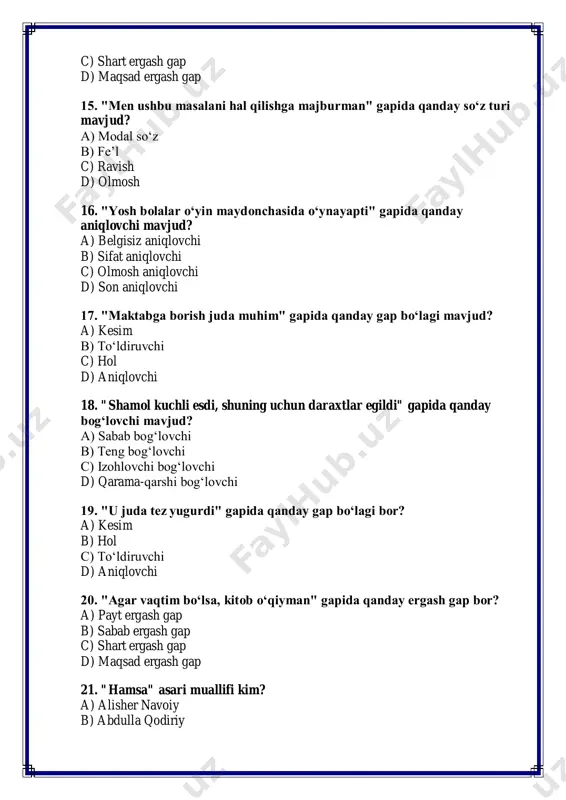 ant 1. qaysi gapda hol mavjud emas a) kecha sinfdoshlarim bilan kutubxonaga bordik b) u juda sekin gapiradi c) kitob javon ustida turibdi d) biz maktabga bordik 2. qaysi gapda kesim sodda fe’l shaklida berilgan a) o‘qituvchi darsni tushuntirib berdi b) o‘quvchilar uy vazifasini bajarishdi c) do‘stim menga kitob berdi d) men she’r yozdim 3. "qachonki sen harakat qilsang, muvaffaqiyatga erishasan" gapida qanday ergash gap bor a) payt ergash gap b) shart ergash gap c) sabab ergash gap d) maqsad ergash gap 4. qaysi gapda qo‘shma kesim mavjud a) u juda tez yugurdi b) biz kutubxonada kitob o‘qib o‘tirdik c) maktabda bellashuv o‘tkazildi d) sinfdoshim menga yordam berdi 5. "sinfda jimlik hukm surdi" gapida qanday aniqlovchi mavjud a) sifat aniqlovchi b) son aniqlovchi c) belgisiz aniqlovchi d) olmosh aniqlovchi 6. qaysi gapda ravish bor a) u juda chiroyli rasm chizadi b) yozuv mashinasi stol ustida turibdi c) kitob javon ichida …
