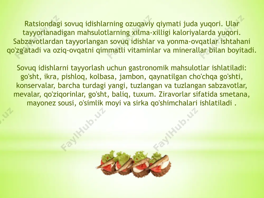 zarur bo'lgan miqdorda kiyinish bilan birlashtiring , salat 4-8 ° c haroratda 12 soatdan ortiq bo'lmagan muzlatgichda saqlanadi. salatlar va vinaigrettlar vinaigrettes - bu salat turi, lekin ular lavlagi bilan tayyorlanishi kerak. rangni saqlab qolish uchun boshqa mahsulotlar bilan aralashtirishdan oldin lavlagini o'simlik moyi bilan alohida ziravor qilish tavsiya etiladi. sabzavot va qo'ziqorinlardan sabzavot va qo'ziqorinlardan sovuq idishlar va gazaklar tayyorlash uchun yangi, qaynatilgan, tuzlangan va tuzlangan sabzavotlar, qo'ziqorinlar va o'tlardan foydalaniladi. qo'ziqorinlar tuzlangan piyoz bilan baqlajon ikra to'ldirilgan pomidor baliq uchun ishlatiladi . sovuq idishlar uchun yangi baliq issiq bo'lganlar bilan bir xil tarzda kesiladi. garnitür bilan seld marinadlangan jelli go'sht va parranda go'shtidan go'sht, sakatat, parranda go'shti va sovuq ovqatlar uchun o'yin issiq ovqatlar bilan bir xil tarzda qaynatiladi yoki qovuriladi. uchun ishlatiladi . sovuq mol go'shti m aniq assortiment r garnitür bilan qovurilgan mol go'shti tuxumli qattiq qaynatilgan tuxum, asosan, sovuq ovqatlar va gazaklar tayyorlash uchun ishlatiladi …