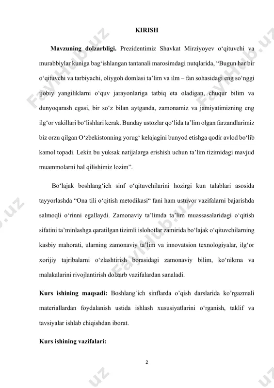 orijiy tajribalarni o‘zlashtirish borasidagi zamonaviy bilim, ko‘nikma va malakalarini rivojlantirish dolzarb vazifalardan sanaladi. kurs ishining maqsadi: boshlang`ich sinflarda o’qish darslarida ko’rgazmali materiallardan foydalanish ustida ishlash xususiyatlarini o‘rganish, taklif va tavsiyalar ishlab chiqishdan iborat. kurs ishining vazifalari: boshlang`ich sinflarda o`quvchilarga ko’rgazmali qurollar orqali dars tushuntirishdir. boshlang`ich sinf o‘quvchilariga interfaol va didaktik metodlarda o’qish darslari tashkil qilish metodikasi. ko’rgazmali materiallardan foydalanish metodikasi. boshlang`ich sinflarda ustida ishlashning o‘ziga xos xususiyatlarini keng tarzda yoritib berishdan iborat kurs ishining obyekti: boshlang’ich sinf o’qish darslarida ko’rgazmali materiallardan foydalanish orqali o`quvchilar bilimini shakllantirish jarayoni. kurs ishining predmeti: boshlang’ich sinf o’qish darslarida ko’rgazmali materiallar tashkil qilish va uni o’tkazish mazmuni, vositalari, shakl va metodlari kurs ishining tuzilishi vа hаjmi. kirish, ikkitа bоb, xulоsа, fоydаlаnilgаn аdаbiyоtlаr rоʻyhаtidan iborat bo‘lib, asosiy matn 31 betdani tashkil qiladi. i bob. o’qitish vositalari va ko’rgazmali qo’llanmalar dars jarayonida o‘qitishning ko‘rgazmali usullarini samarali qo‘llash 1.1. ko’rgazmali qurollarning o’quv faoliyatiga ta’siri ko‘rgazmali usullar deganda, ta’lim …