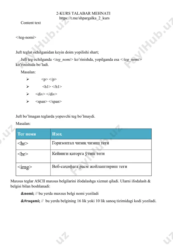audio bilan ishlash. izohlang va misollar keltiring.. 23. html5 da grafika bilan ishlash. izohlang va misollar keltiring.. 24. css ga kirish. css sintaksisi. css va html hujjatni bog’lash usullari. css – cascading style sheets (kaskadli stillar jadvali) css – veb hujjatning tashqi ko’rinishini shakllantiruvchi formal til hisoblanadi. css – html elementlarni brouzerda qanday kerakligini tasvirlaydi. css – veb sahifaning yozilgan kodi hajmini qisqartirish va uni o’qishni osonlashtirish imkoniyatini beradi. css bilan html hujjatni bog’lash css sintaksisi css da qoidalarni berish sintaksisi selektorlar va figurali qavs ichida stillarni e’lon qilish bloklaridan iborat: 25. cssda chegara xususiyatlari: border, border- color, border- style, border -width, borderradius. izohlang va misollar keltiring cssda chegara xususiyatlari orqali html elementning chegarasi qalinligi (border-width), stili (border-style), rangi (border-color) ni belgilash mumkin chegarani belgilash bo’yicha asosiy xususiyatlar: xususiyat nomi izoh border-style yuqori, o’ng, pastki va chap chegara stilini bir vaqtda o’rnatish border-width yuqori, o’ng, pastki va chap chegara qalinligi …