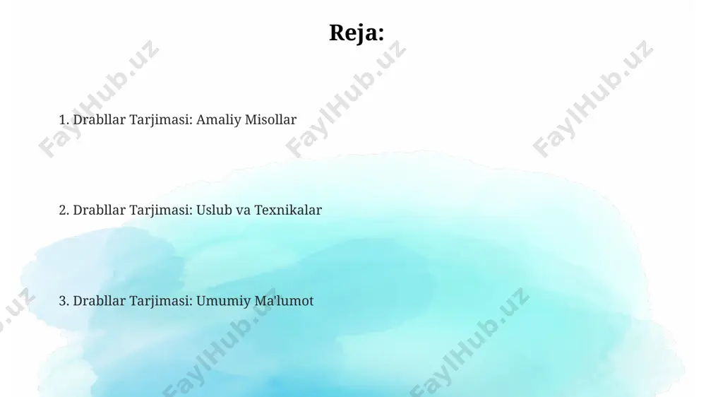 in atamalar mavjud. lug'atda 5000 dan ortiq texnik terminlar, jumladan, 200 ga yaqin yangi ixtisoslashgan so'zlar mavjud bo'lib, ular drabllar tarjimasiga oid. tarjima uslublari va yondashuvlar tarjimada 3 xil asosiy uslub mavjud: toʻgʻri (literal), erkin va moslashtirilgan tarjima, har biri matn turiga va maqsad auditoriyasiga qarab 10 dan ortiq yondashuvni oʻz ichiga oladi. semantik, pragmatik va lingvistik jihatlarni hisobga olgan holda, 5 ta asosiy tarjima strategiyasi mavjud: kompensatsiya, qoʻshimcha, oʻtkazib yuborish, birlashtirish va umumlashtirish. madaniy jihatlarni hisobga olgan holda, muvaffaqiyatli tarjima uchun kamida 2 bosqichli tahlil (manba va maqsad tillari) va 5 ta asosiy tahrirlash bosqichi talab etiladi. manbalarni tanlash va tahlil qilish terminologiyani aniqlash uchun 2 ta lug'at va 1 ta ixtisoslashgan ensiklopediyadan foydalanish va terminlarning o'zaro mosligini ta'minlash kerak. manba tanlashda kamida 3 ta ishonchli manbadan foydalanish va ularning mualliflik huquqi, nashr etilgan yili kabi parametrlarini tekshirish muhimdir. tahlil jarayonida manbalardagi 5 ta asosiy g'oyani ajratib ko'rsatish va …