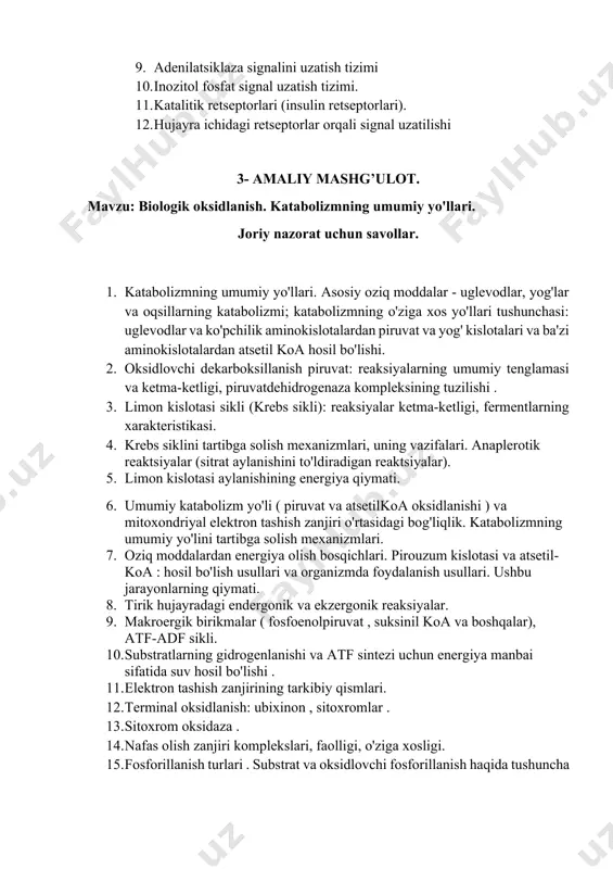 ar va mushaklarda glikogen mobilizatsiyasidagi farqlar. 8. zaxira polisaxarid sifatida glikogenning xossalari va tarqalishi. glikogenning biosintezi: mexanizmi, regulyatsiyasi. 9. glikogen sintezi va parchalanishi, uning fiziologik ahamiyati, unga glyukokinaza va geksokinaza ta`siri . 10. glyukoza biosintezi ( glyukoneogenez ): manbalari, mexanizmi, biologik ahamiyati. 11. glyukozaning aerob va anaerob parchalanishining allosterik mexanizmlari va glyukoneogenezni tartibga solish . 12. mushaklardagi glikoliz va jigarda glyukoneogenezning o'zaro bog'liqligi: kori sikli, glyukoza-alanin sikli. glyukoza parchalanishi va glyukoneogenezning aerob va anaerob yo'llarini tartibga solishning allosterik mexanizmlari . 13. glyukoza parchalanishining apotomik yo'li. 14. pentoza fosfat yo'li va uning oqibatlari: oksidlanish bosqichi, umumiy reaktsiyalar, tarqalishi va biologik ahamiyati. pentozalar sintezidagi oksidlovchi bo'lmagan bosqich. 15. glikogenozlar va aglikogenozlar . laboratoriya ishi qondagi glyukoza miqdorini biokimyoviy analizatorda glyukometr bilan aniqlash - 3 soat 6- amaliy mashg’ulot. mavzu: fruktoza va galaktoza almashinuvi. glyukoza gomeostazini boshqarish. joriy nazorat uchun savollar. 1. fruktoza metabolizmi. 2. galaktoza almashinuvi. 3. sutning xosil bo`lishi. 4. fruktoza …
